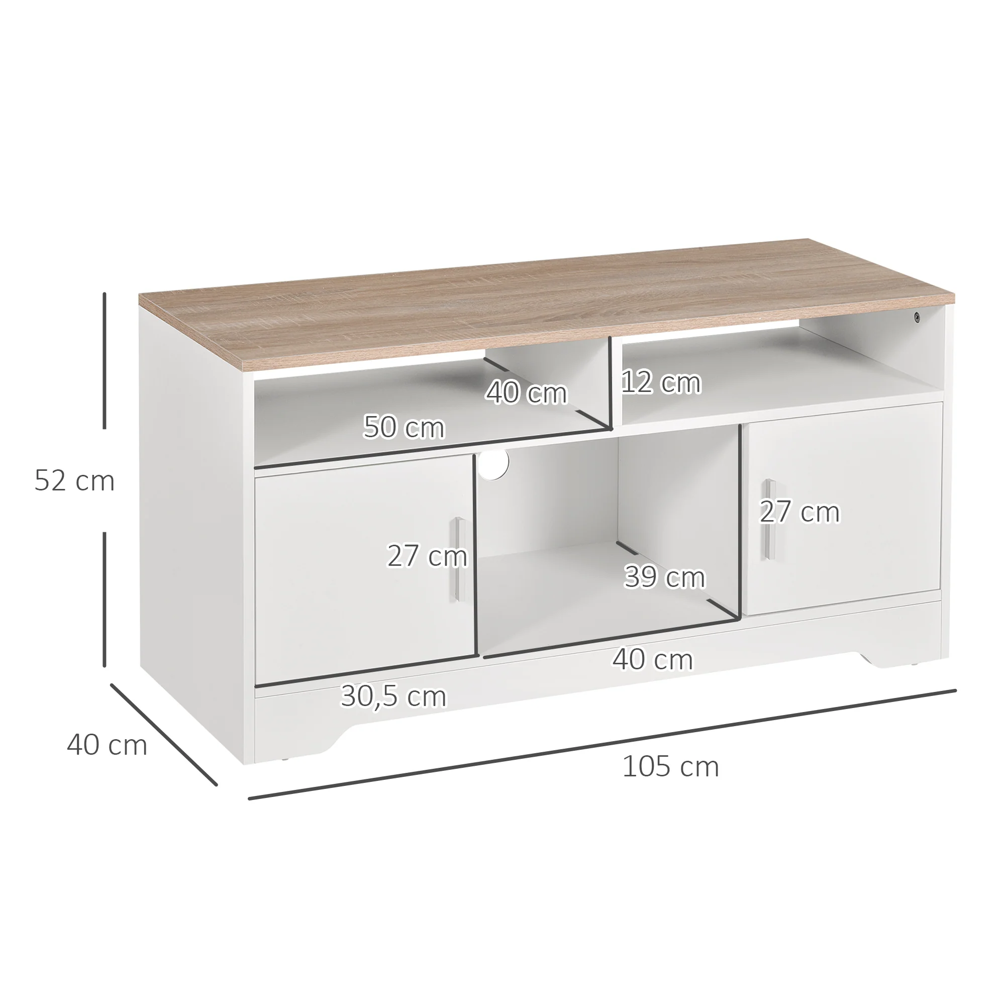 Meuble TV Banc TV en Bois Grand Espace de Rangement avec 2 Compartiments Ouverts 2 Armoires à Porte Une Armoire Ouverte 105 x 40 x 52 cm Blanc - Image 4