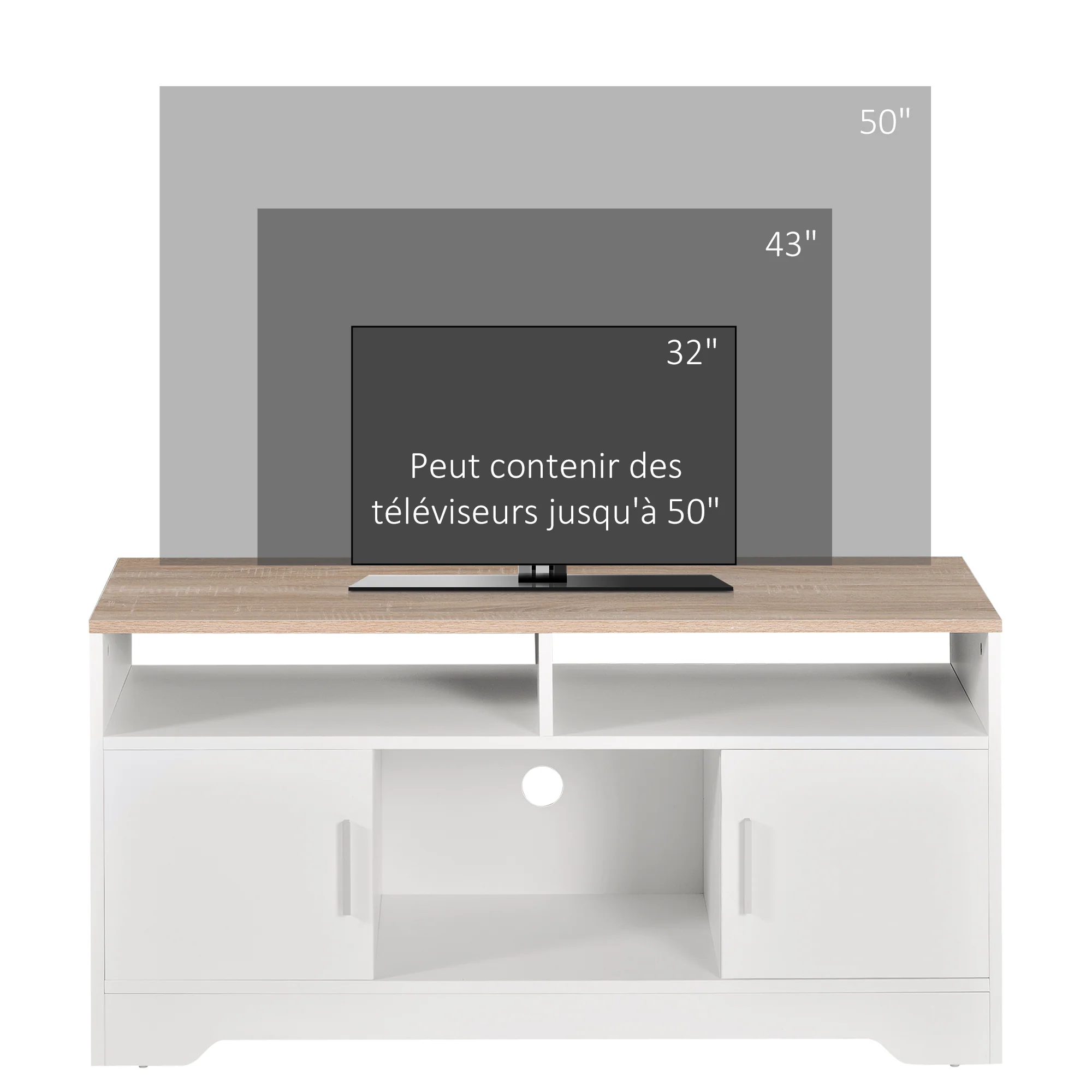 Meuble TV Banc TV en Bois Grand Espace de Rangement avec 2 Compartiments Ouverts 2 Armoires à Porte Une Armoire Ouverte 105 x 40 x 52 cm Blanc - Image 5