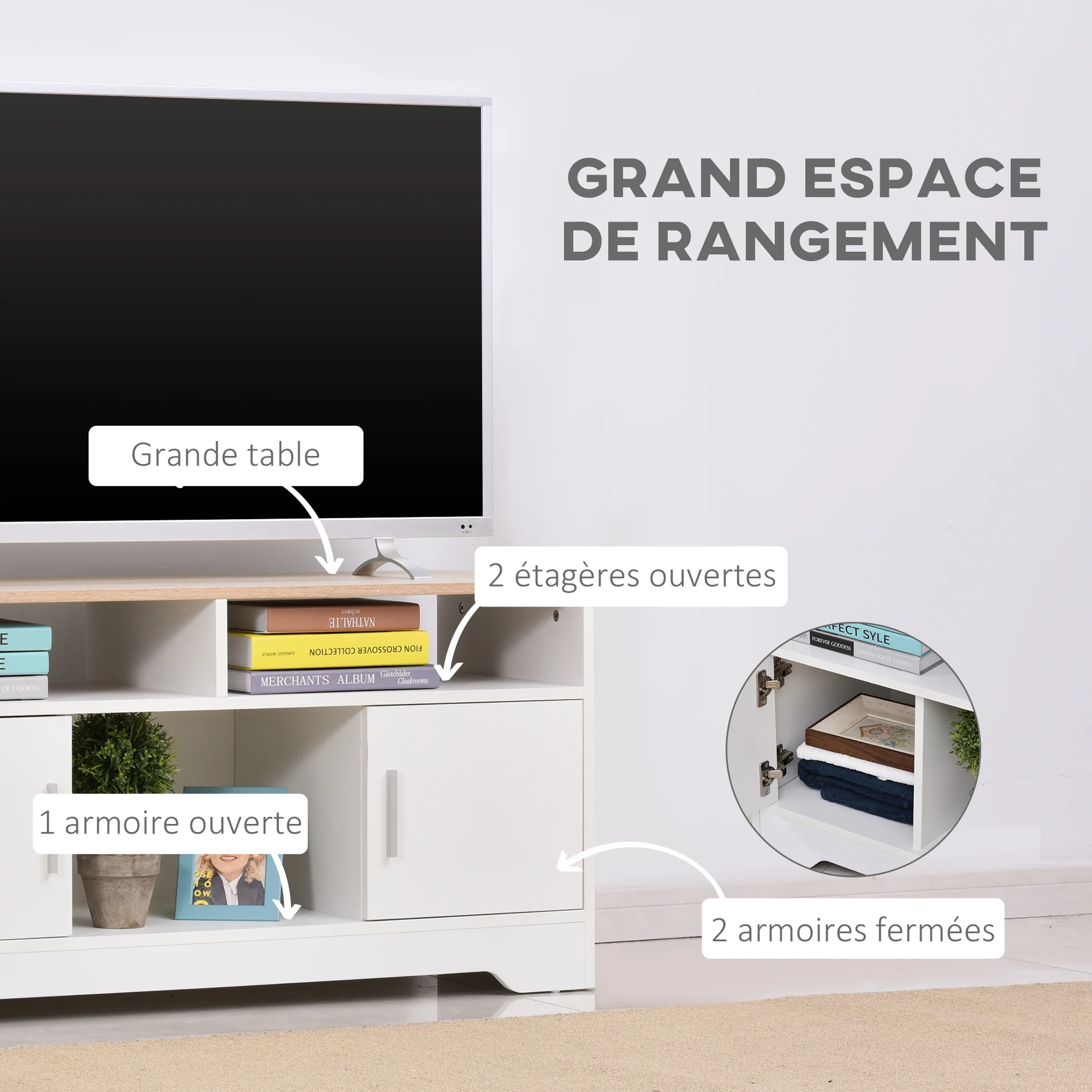 Meuble TV Banc TV en Bois Grand Espace de Rangement avec 2 Compartiments Ouverts 2 Armoires à Porte Une Armoire Ouverte 105 x 40 x 52 cm Blanc - Image 6