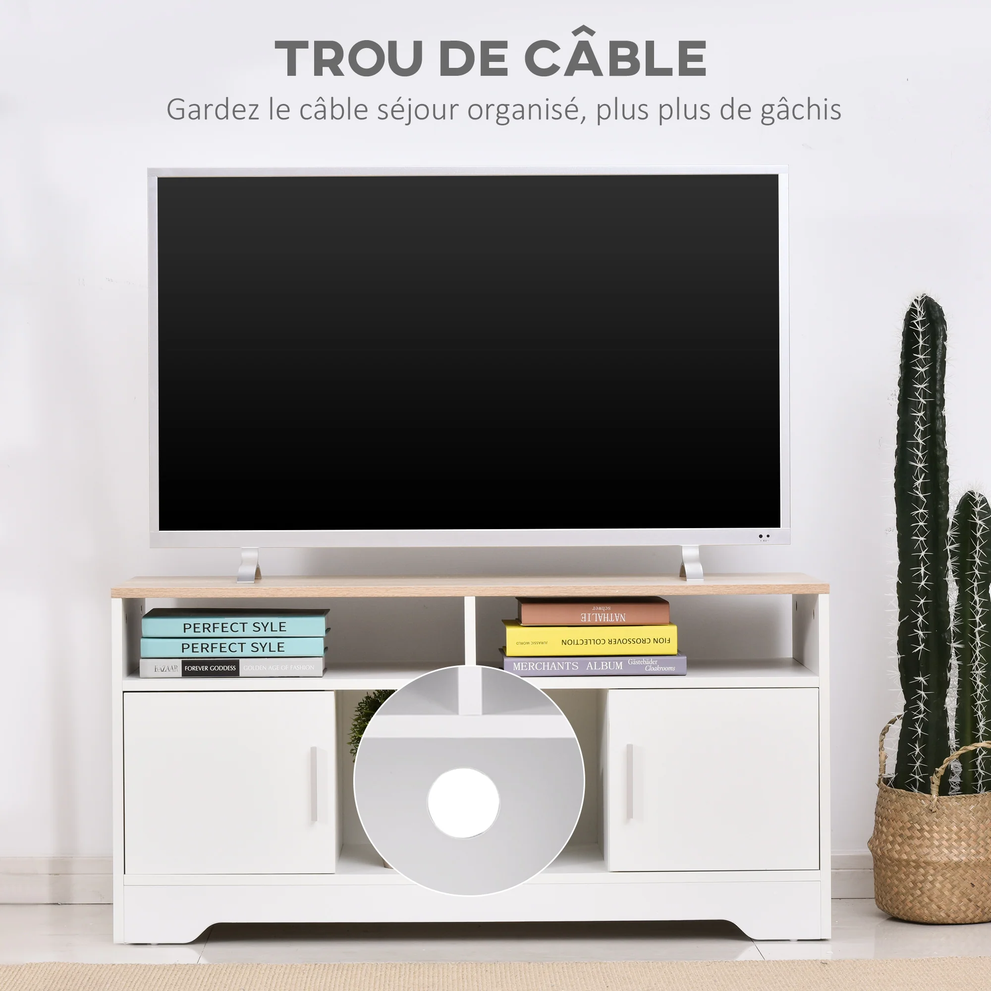 Meuble TV Banc TV en Bois Grand Espace de Rangement avec 2 Compartiments Ouverts 2 Armoires à Porte Une Armoire Ouverte 105 x 40 x 52 cm Blanc - Image 7