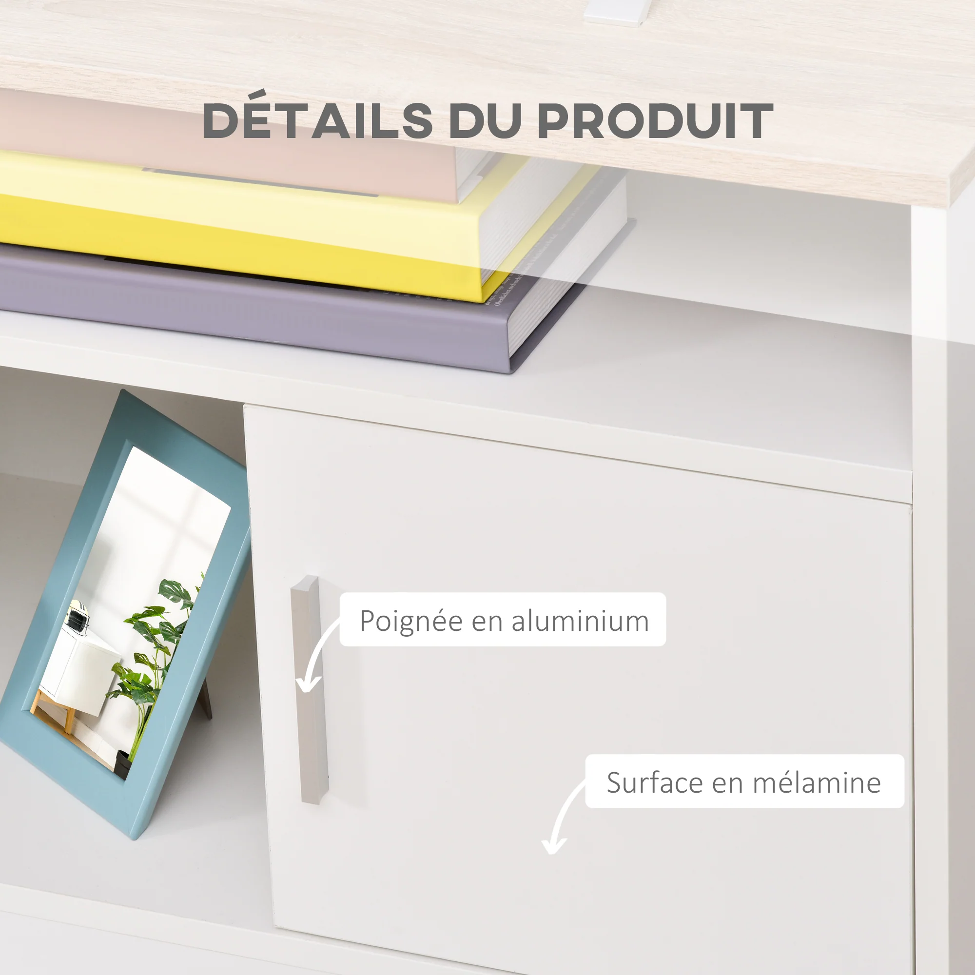 Meuble TV Banc TV en Bois Grand Espace de Rangement avec 2 Compartiments Ouverts 2 Armoires à Porte Une Armoire Ouverte 105 x 40 x 52 cm Blanc - Image 8