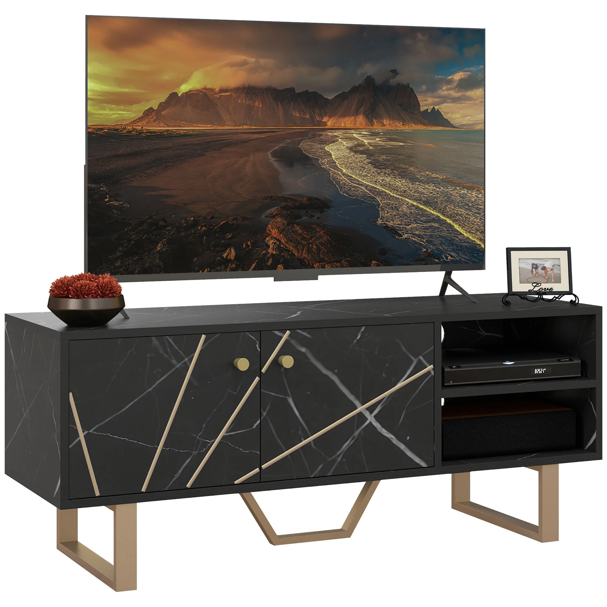 Meuble TV banc TV meuble pour télévision jusqu'à 50 pouces avec placard, étagère réglable et passe-cables, dim. 110l x 35P x 45H cm aspect marbre noir - Image 11