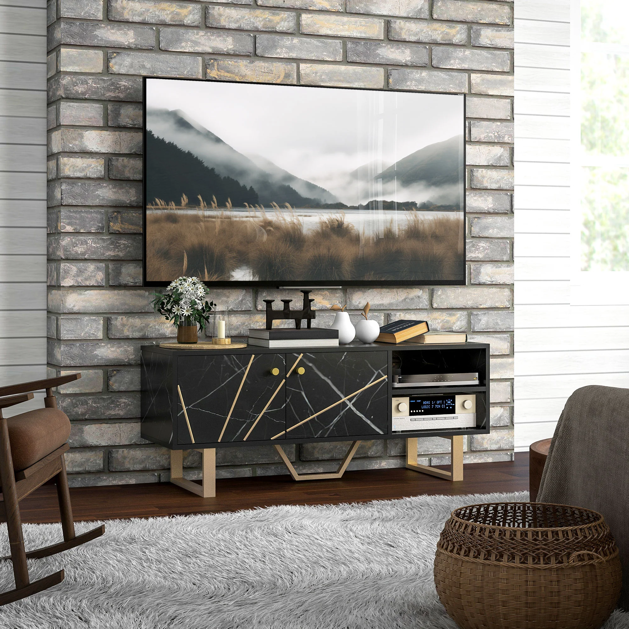 Meuble TV banc TV meuble pour télévision jusqu'à 50 pouces avec placard, étagère réglable et passe-cables, dim. 110l x 35P x 45H cm aspect marbre noir - Image 3