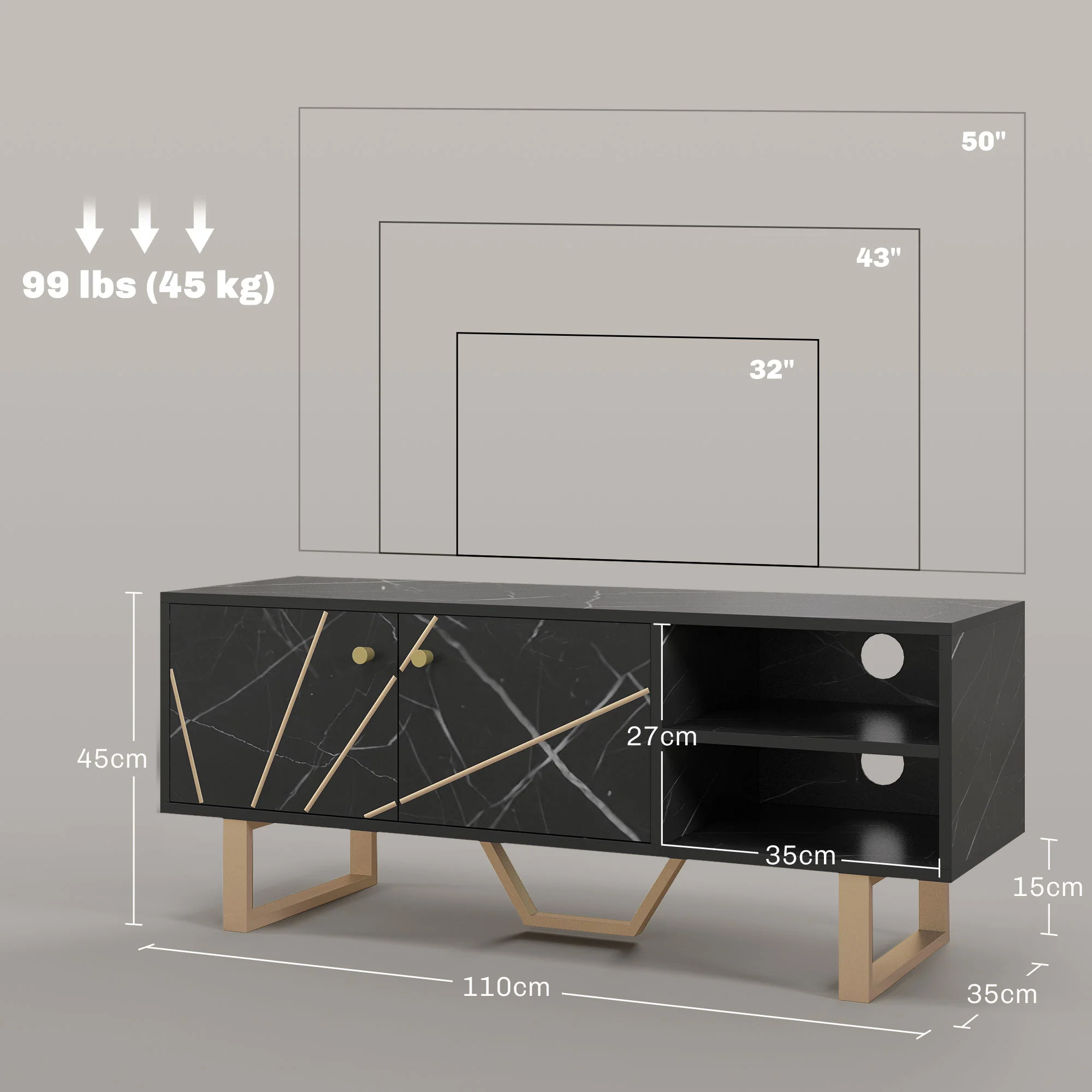 Meuble TV banc TV meuble pour télévision jusqu'à 50 pouces avec placard, étagère réglable et passe-cables, dim. 110l x 35P x 45H cm aspect marbre noir - Image 4