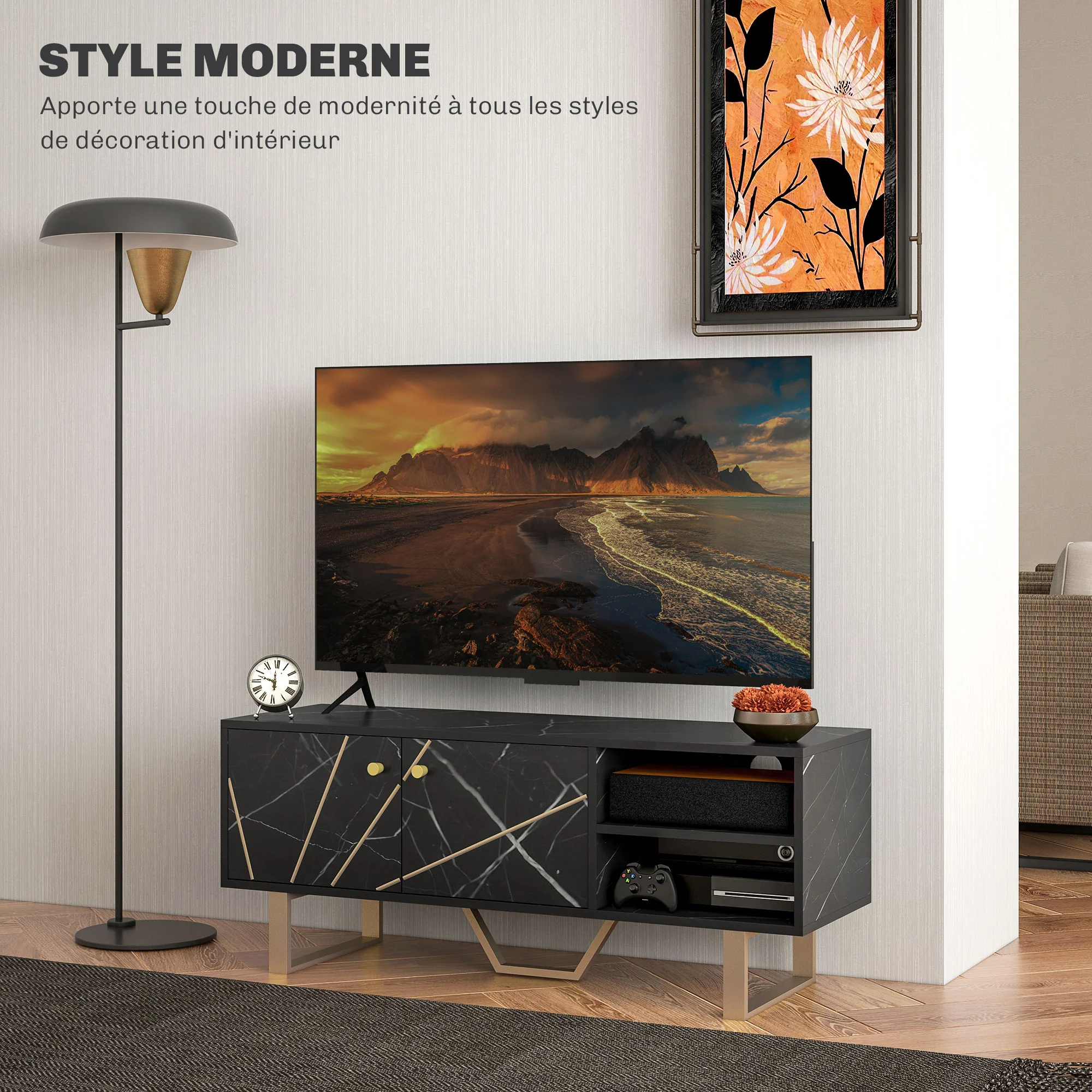 Meuble TV banc TV meuble pour télévision jusqu'à 50 pouces avec placard, étagère réglable et passe-cables, dim. 110l x 35P x 45H cm aspect marbre noir - Image 5