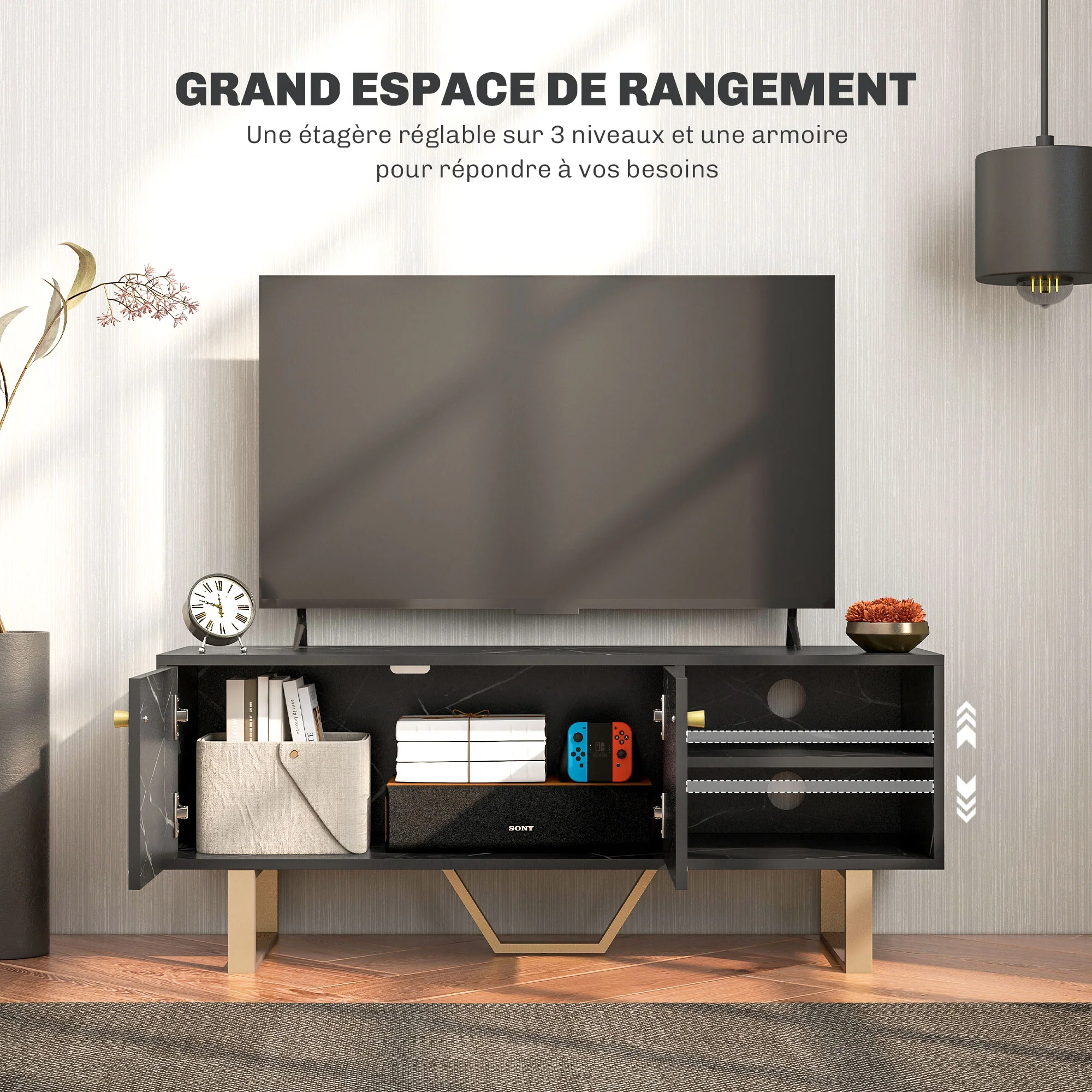 Meuble TV banc TV meuble pour télévision jusqu'à 50 pouces avec placard, étagère réglable et passe-cables, dim. 110l x 35P x 45H cm aspect marbre noir - Image 6