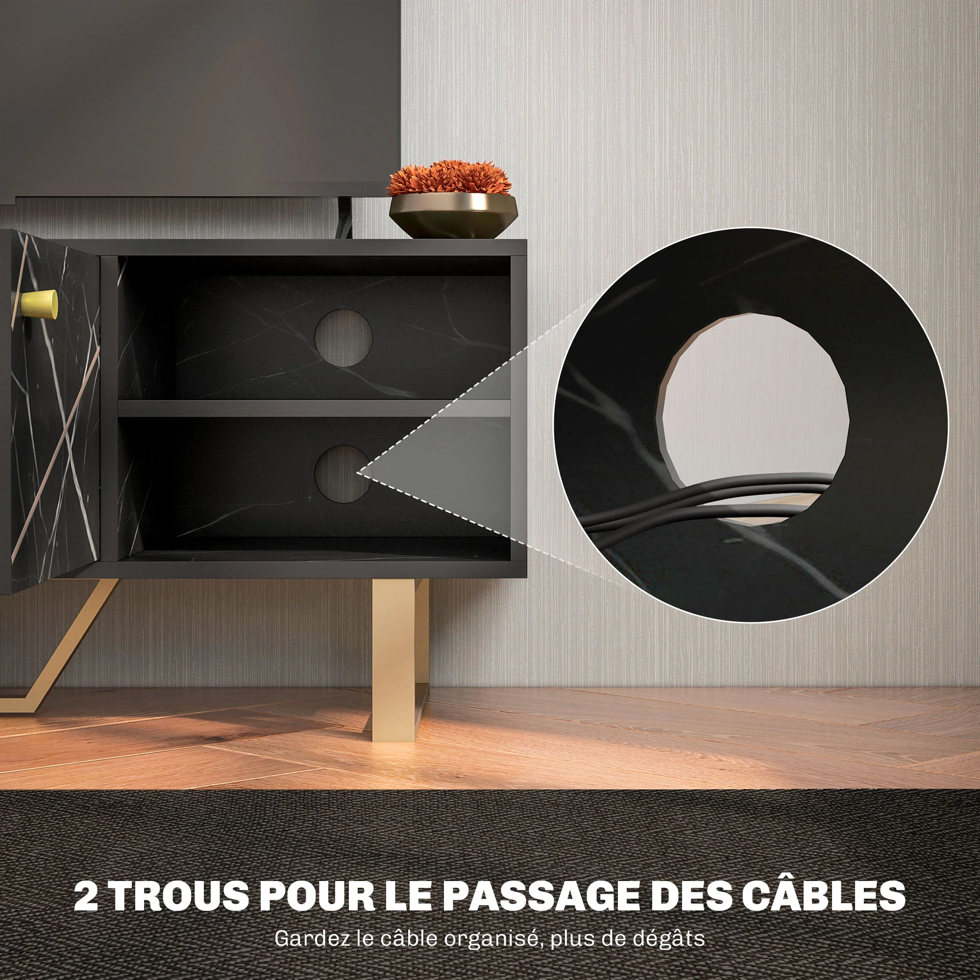 Meuble TV banc TV meuble pour télévision jusqu'à 50 pouces avec placard, étagère réglable et passe-cables, dim. 110l x 35P x 45H cm aspect marbre noir - Image 7