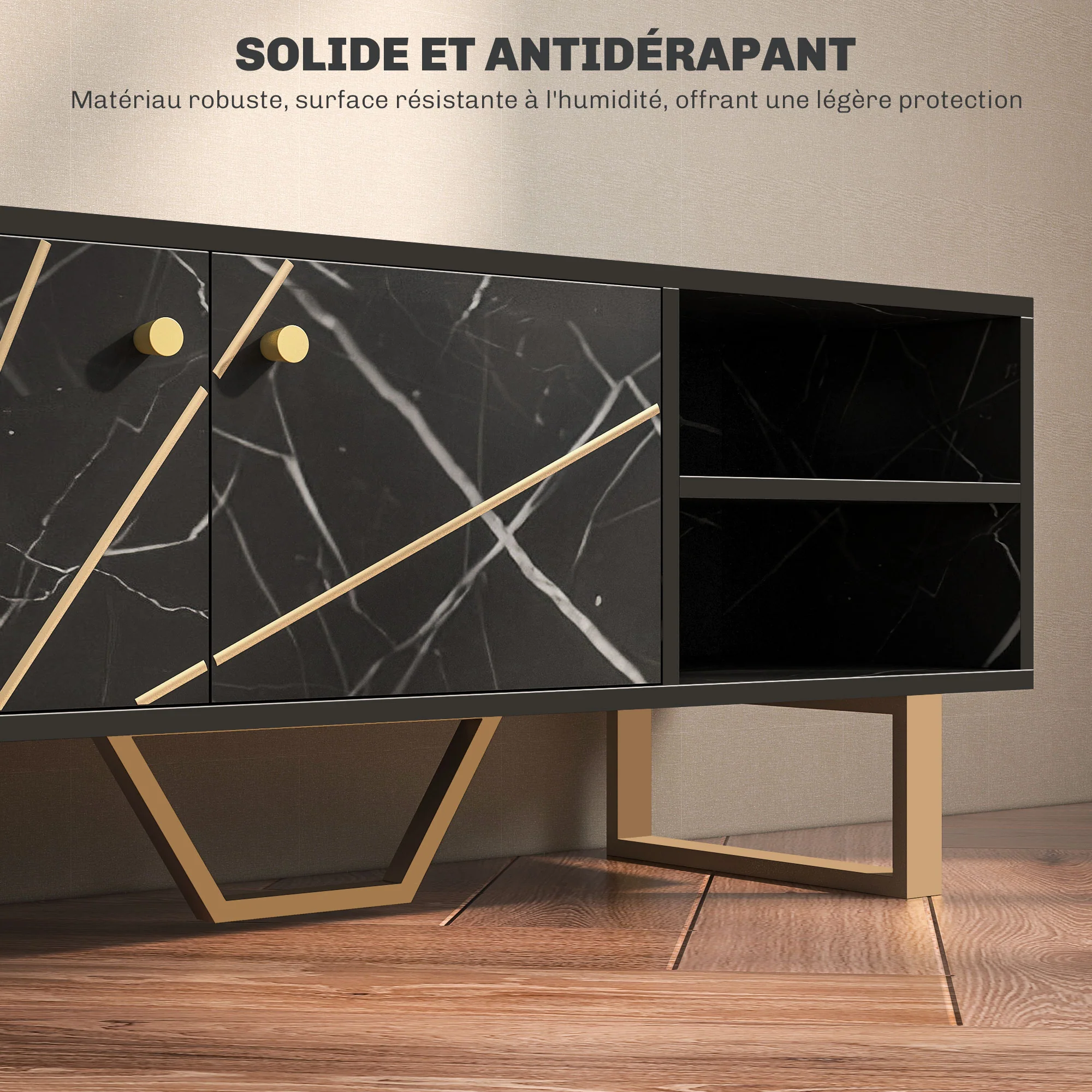 Meuble TV banc TV meuble pour télévision jusqu'à 50 pouces avec placard, étagère réglable et passe-cables, dim. 110l x 35P x 45H cm aspect marbre noir - Image 8