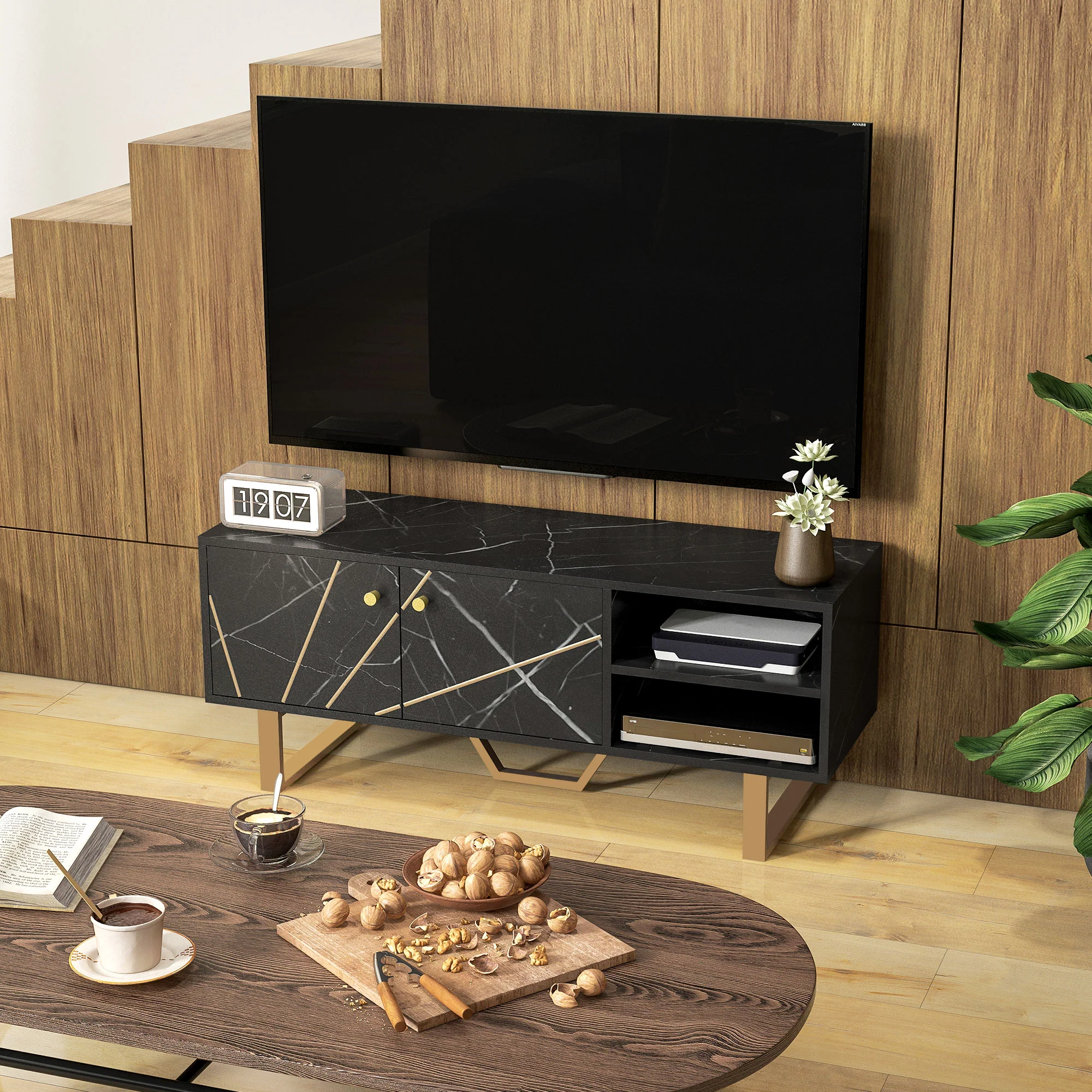 Meuble TV banc TV meuble pour télévision jusqu'à 50 pouces avec placard, étagère réglable et passe-cables, dim. 110l x 35P x 45H cm aspect marbre noir - Image 9