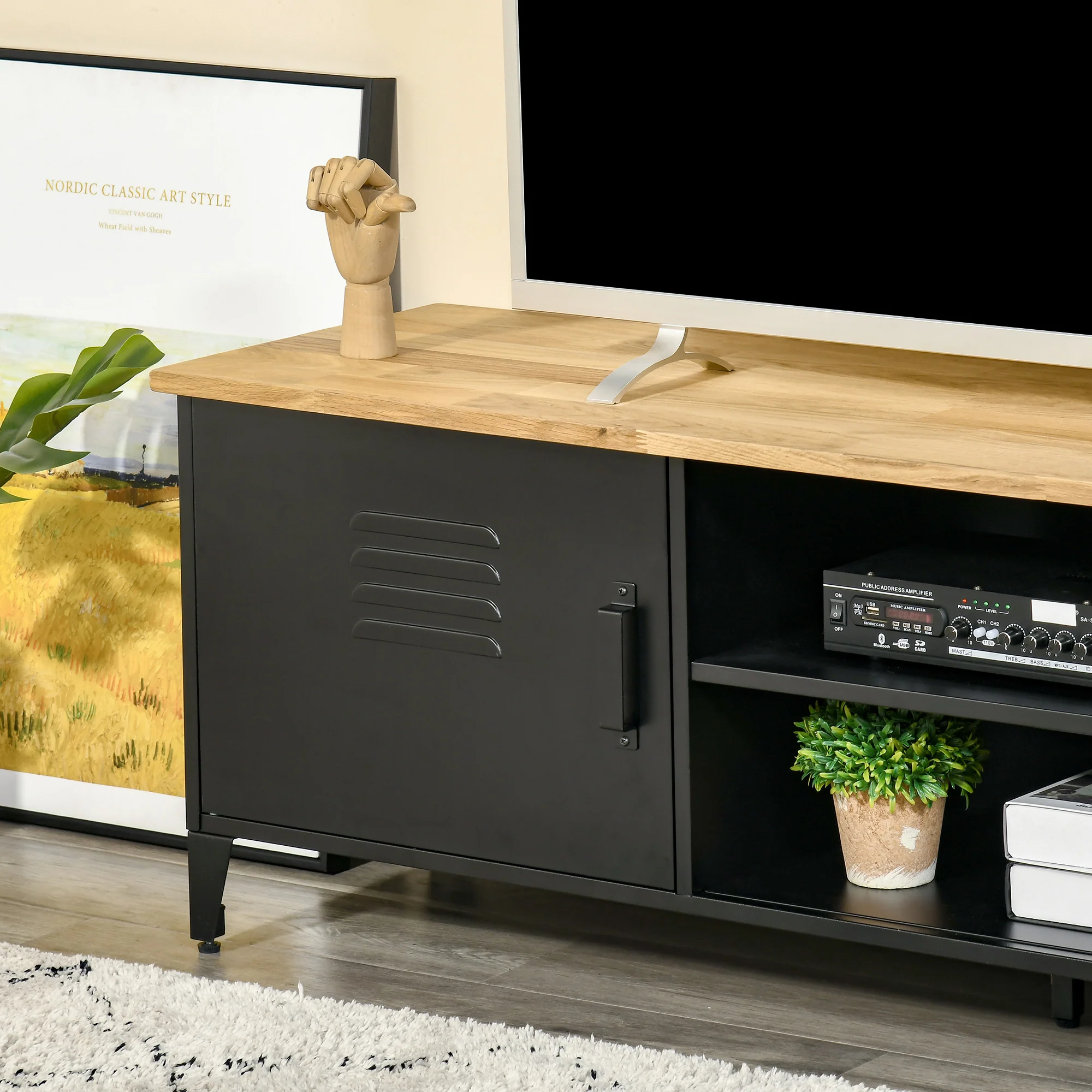 Meuble TV Banc TV pour téléviseurs de 55'' avec 2 Placards Pieds Réglables Cadre métalique noir Plateau en Bois Naturel 150 x 40 x 50 cm - Image 10