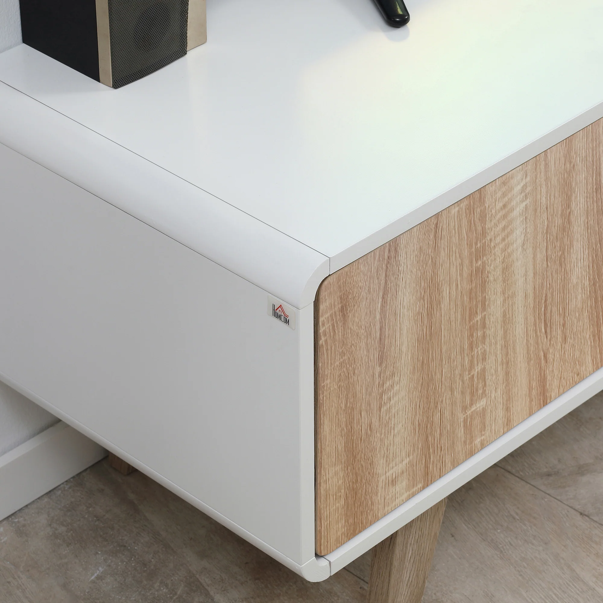 Meuble TV Bas sur Pied Style scandinave 2 Portes Niche tiroir MDF Blanc Aspect chêne Clair - Image 10