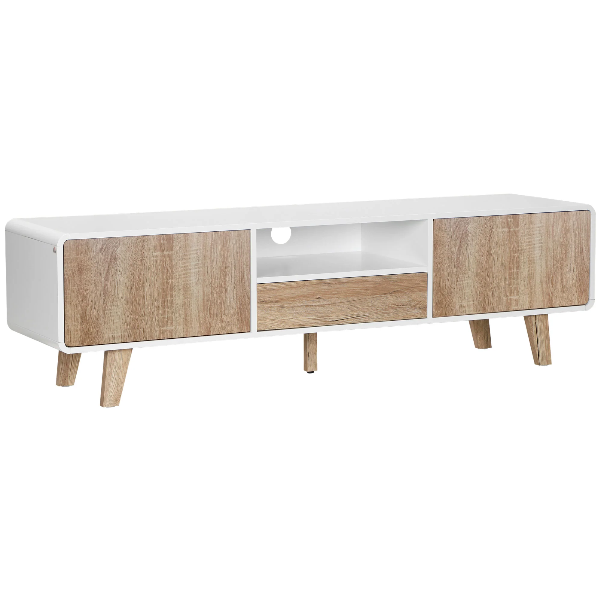 Meuble TV Bas sur Pied Style scandinave 2 Portes Niche tiroir MDF Blanc Aspect chêne Clair - Image 11
