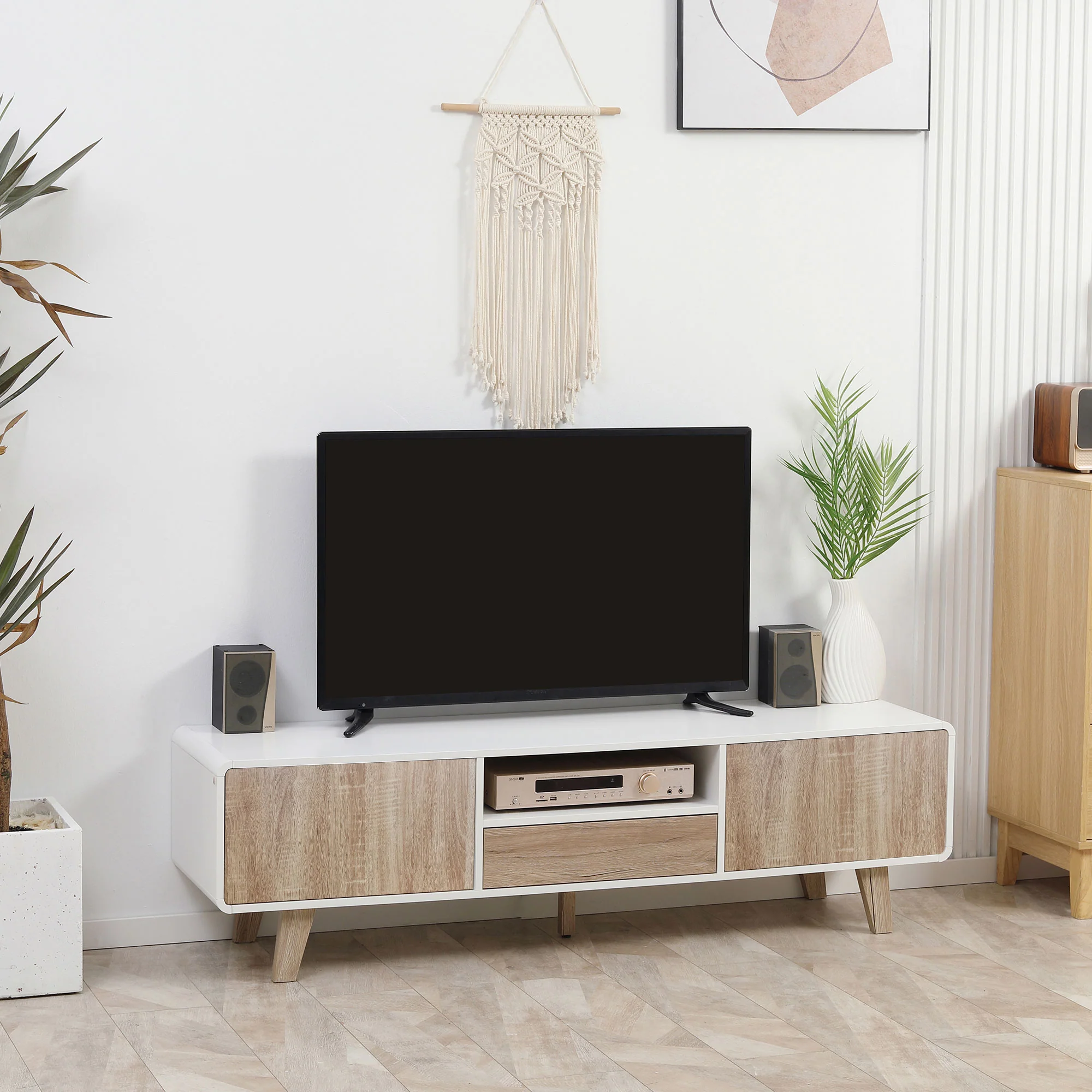 Meuble TV Bas sur Pied Style scandinave 2 Portes Niche tiroir MDF Blanc Aspect chêne Clair - Image 3