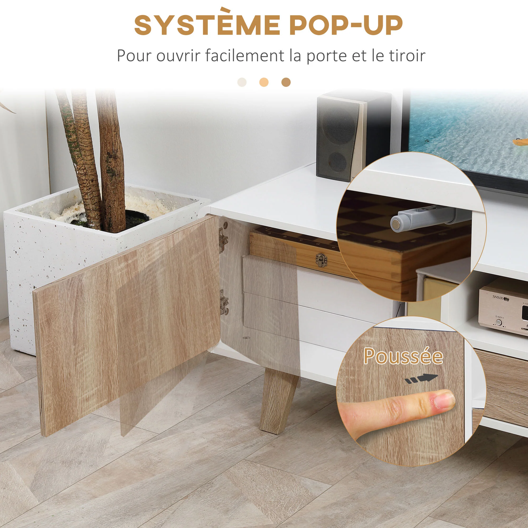 Meuble TV Bas sur Pied Style scandinave 2 Portes Niche tiroir MDF Blanc Aspect chêne Clair - Image 6