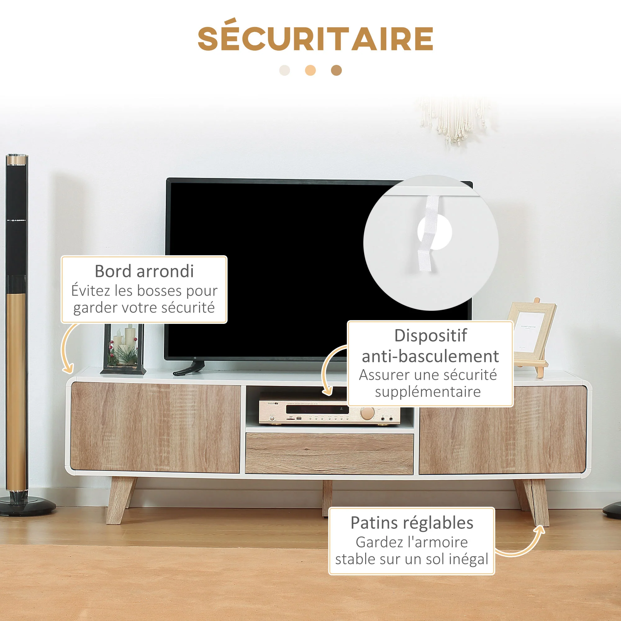 Meuble TV Bas sur Pied Style scandinave 2 Portes Niche tiroir MDF Blanc Aspect chêne Clair - Image 8