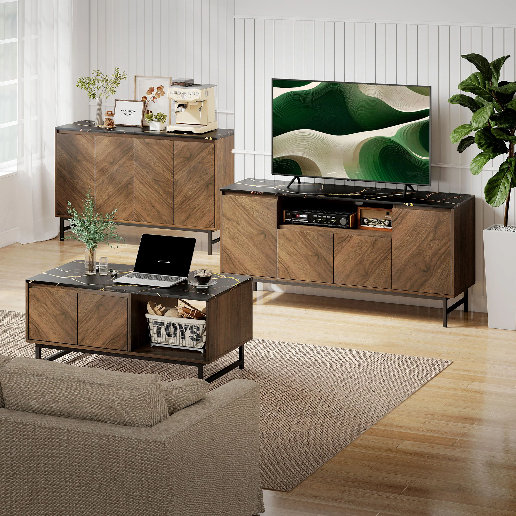 Meuble TV jusqu'à 65 pouces meuble télé bois avec compartiment ouvert, portes, étagères réglables et passe-cables, banc TV moderne effet marbre pour salon chambre à coucher, 140x39x66cm, noyer - Image 10