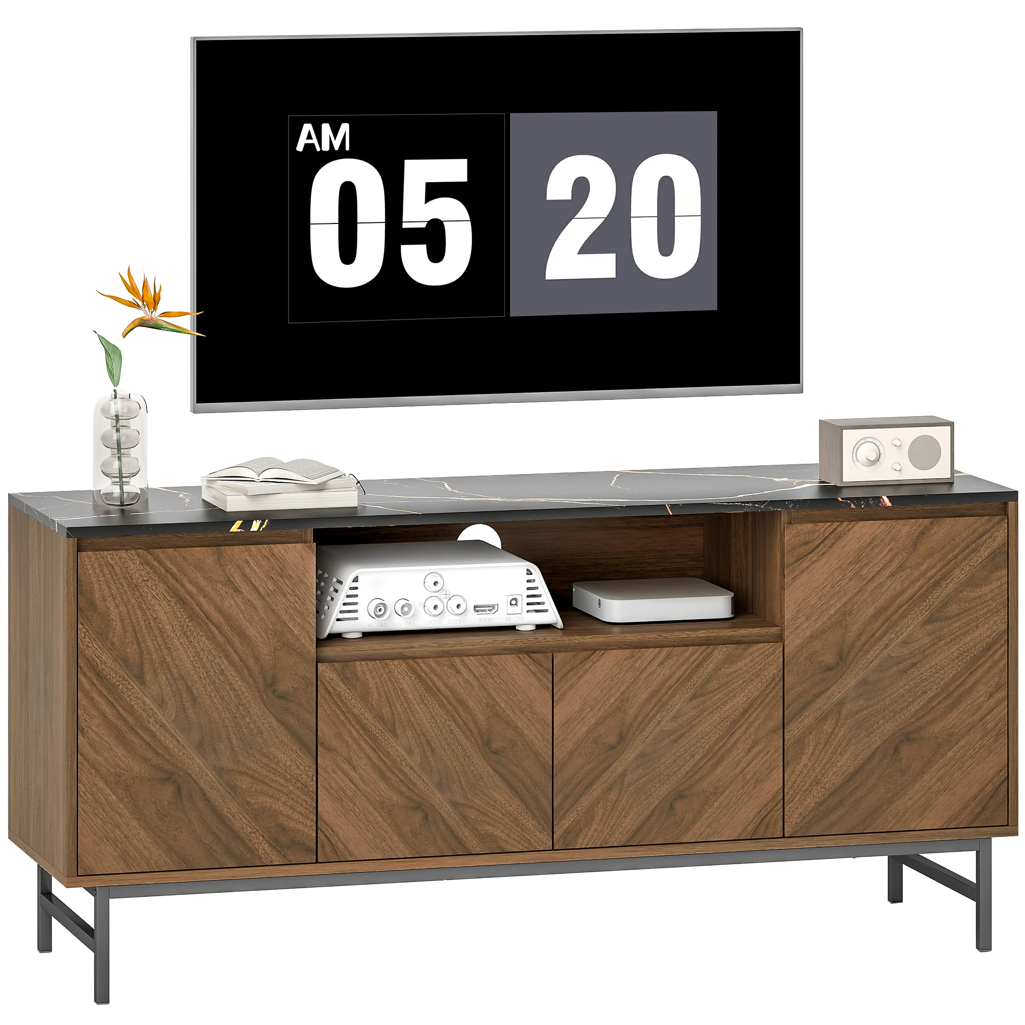 Meuble TV jusqu'à 65 pouces meuble télé bois avec compartiment ouvert, portes, étagères réglables et passe-cables, banc TV moderne effet marbre pour salon chambre à coucher, 140x39x66cm, noyer - Image 11