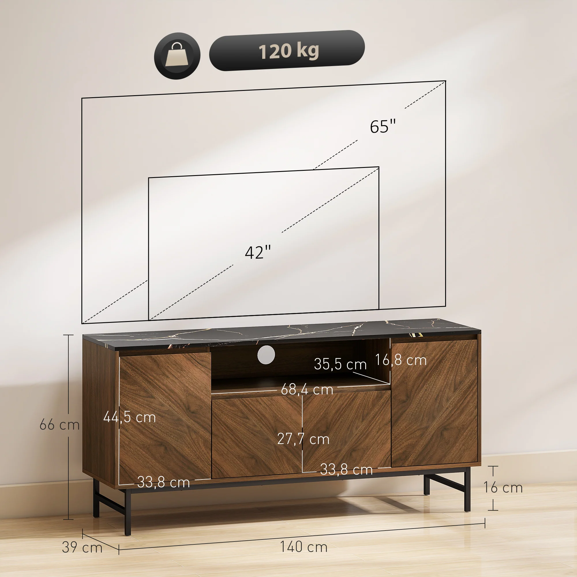 Meuble TV jusqu'à 65 pouces meuble télé bois avec compartiment ouvert, portes, étagères réglables et passe-cables, banc TV moderne effet marbre pour salon chambre à coucher, 140x39x66cm, noyer - Image 4