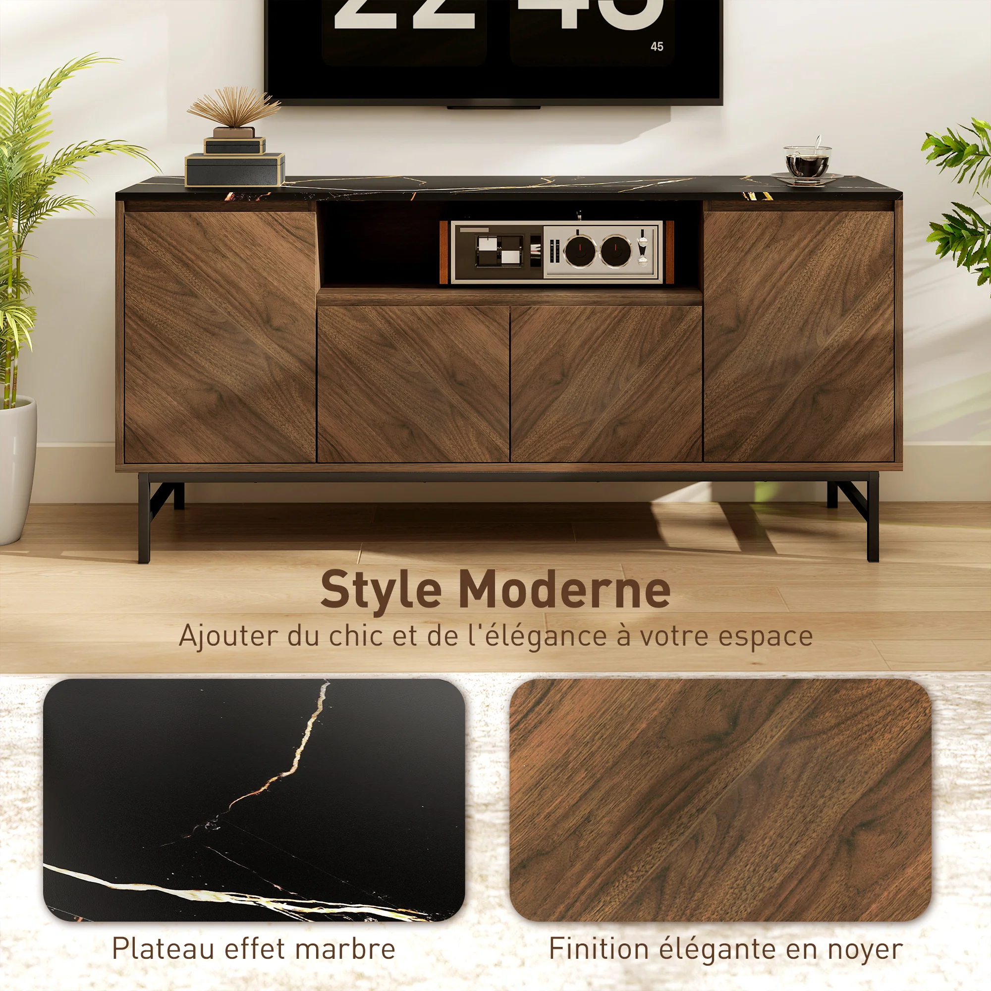 Meuble TV jusqu'à 65 pouces meuble télé bois avec compartiment ouvert, portes, étagères réglables et passe-cables, banc TV moderne effet marbre pour salon chambre à coucher, 140x39x66cm, noyer - Image 5