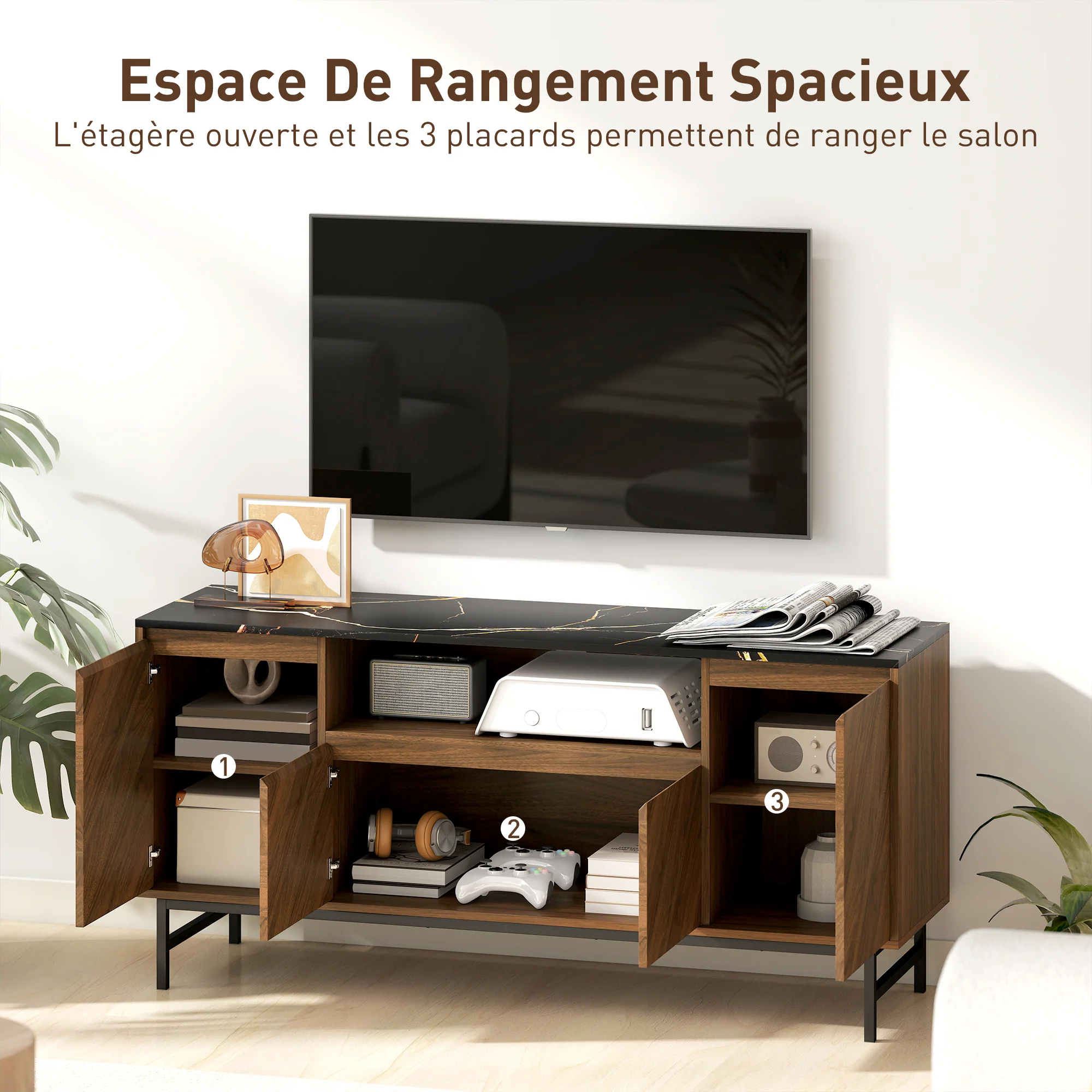 Meuble TV jusqu'à 65 pouces meuble télé bois avec compartiment ouvert, portes, étagères réglables et passe-cables, banc TV moderne effet marbre pour salon chambre à coucher, 140x39x66cm, noyer - Image 6