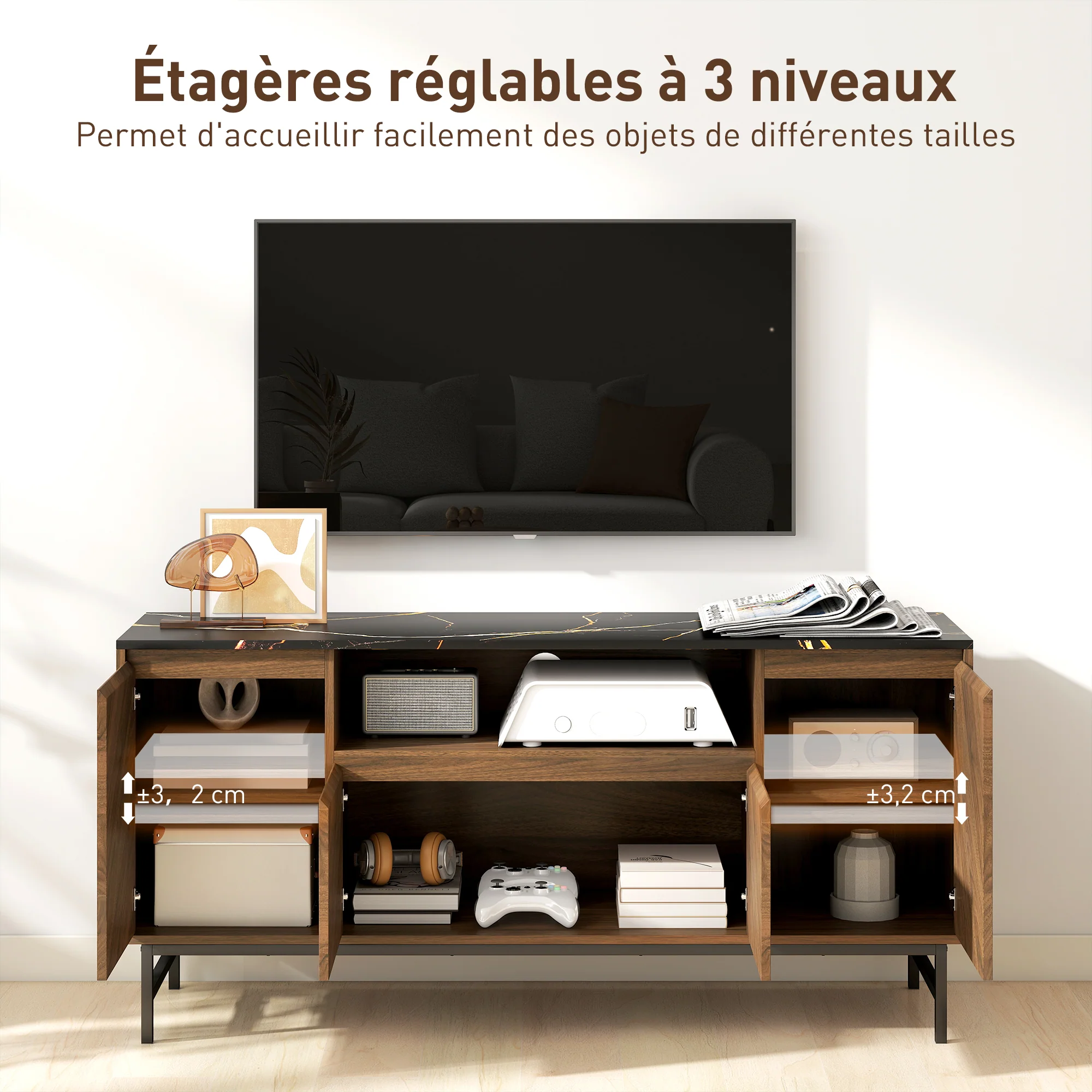 Meuble TV jusqu'à 65 pouces meuble télé bois avec compartiment ouvert, portes, étagères réglables et passe-cables, banc TV moderne effet marbre pour salon chambre à coucher, 140x39x66cm, noyer - Image 7