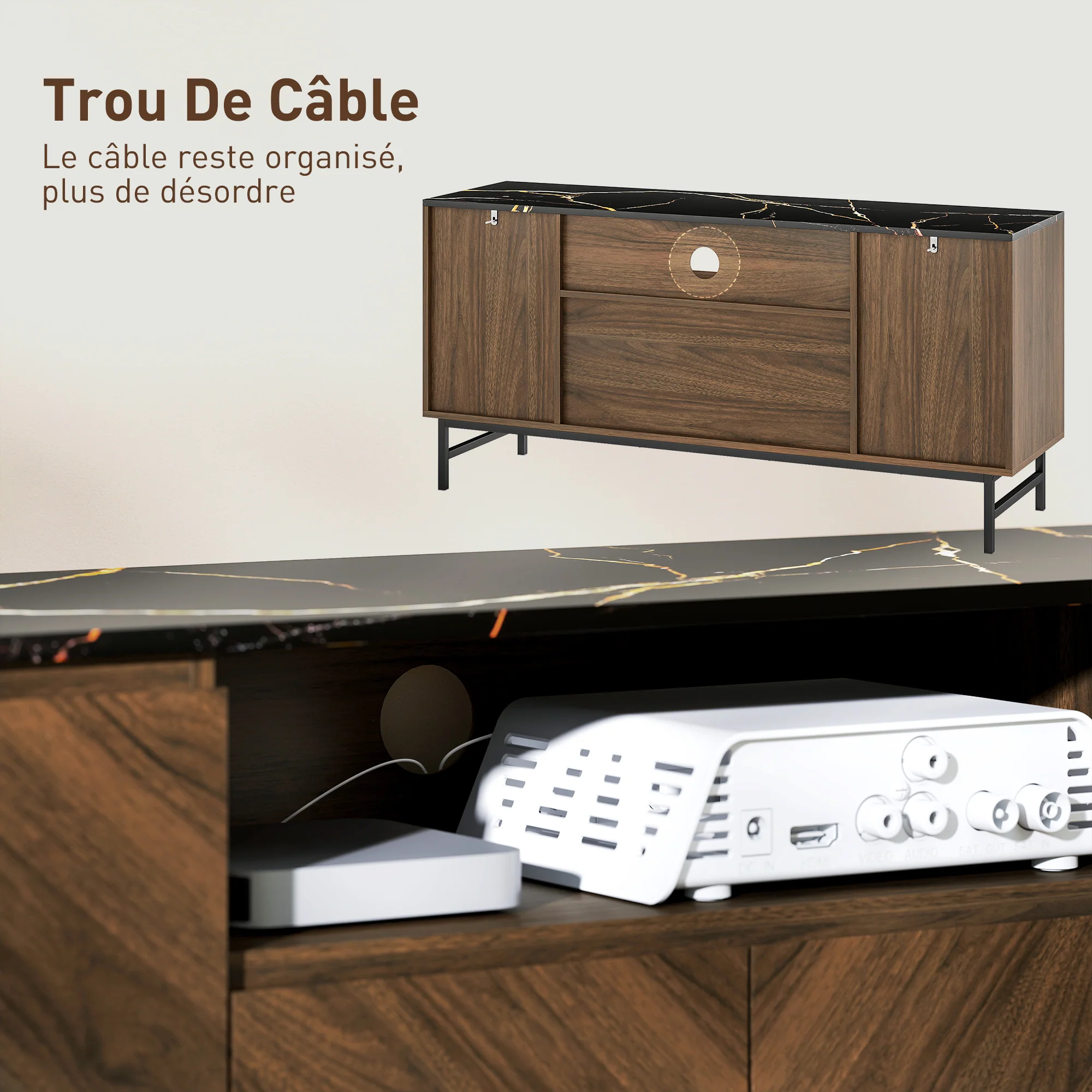 Meuble TV jusqu'à 65 pouces meuble télé bois avec compartiment ouvert, portes, étagères réglables et passe-cables, banc TV moderne effet marbre pour salon chambre à coucher, 140x39x66cm, noyer - Image 8