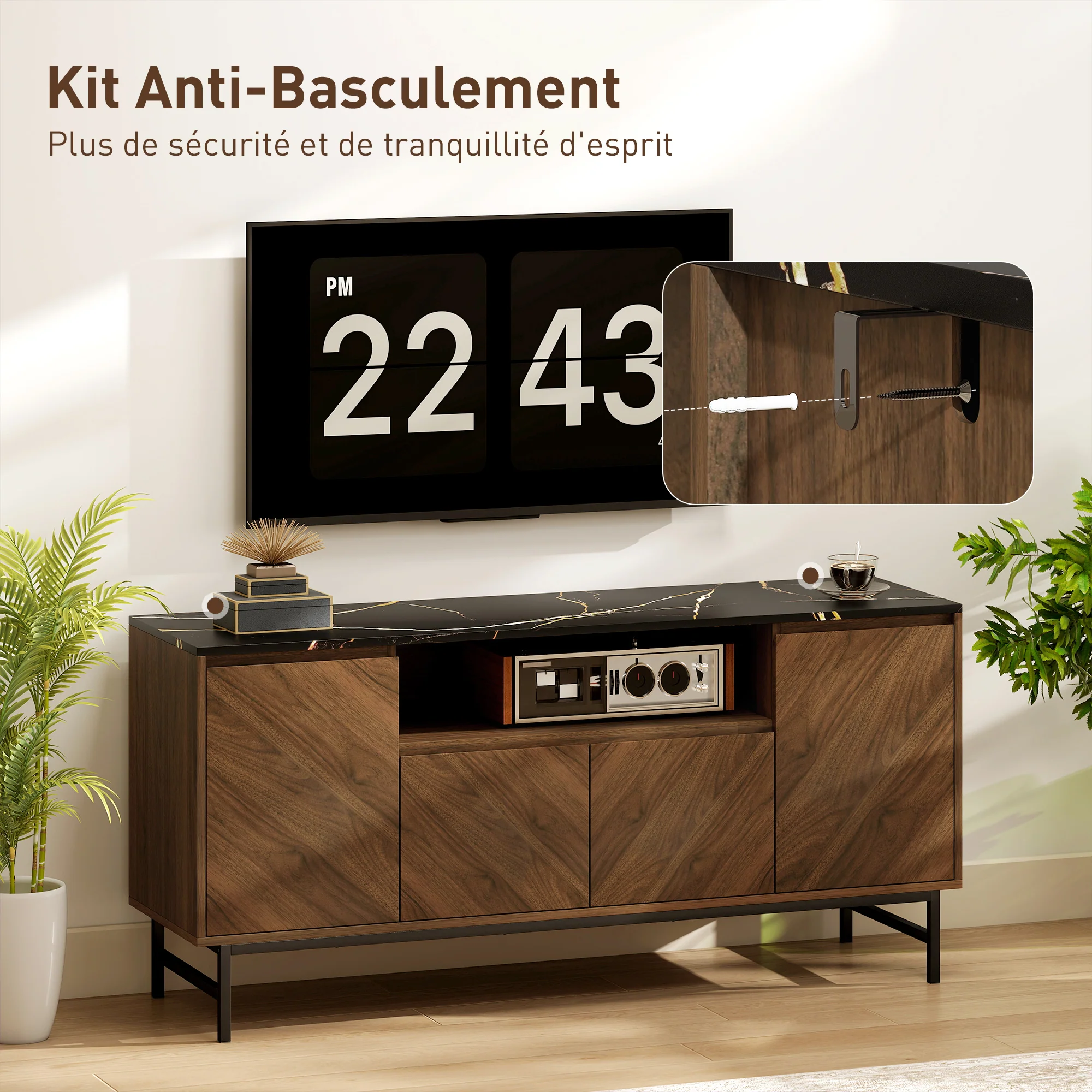 Meuble TV jusqu'à 65 pouces meuble télé bois avec compartiment ouvert, portes, étagères réglables et passe-cables, banc TV moderne effet marbre pour salon chambre à coucher, 140x39x66cm, noyer - Image 9