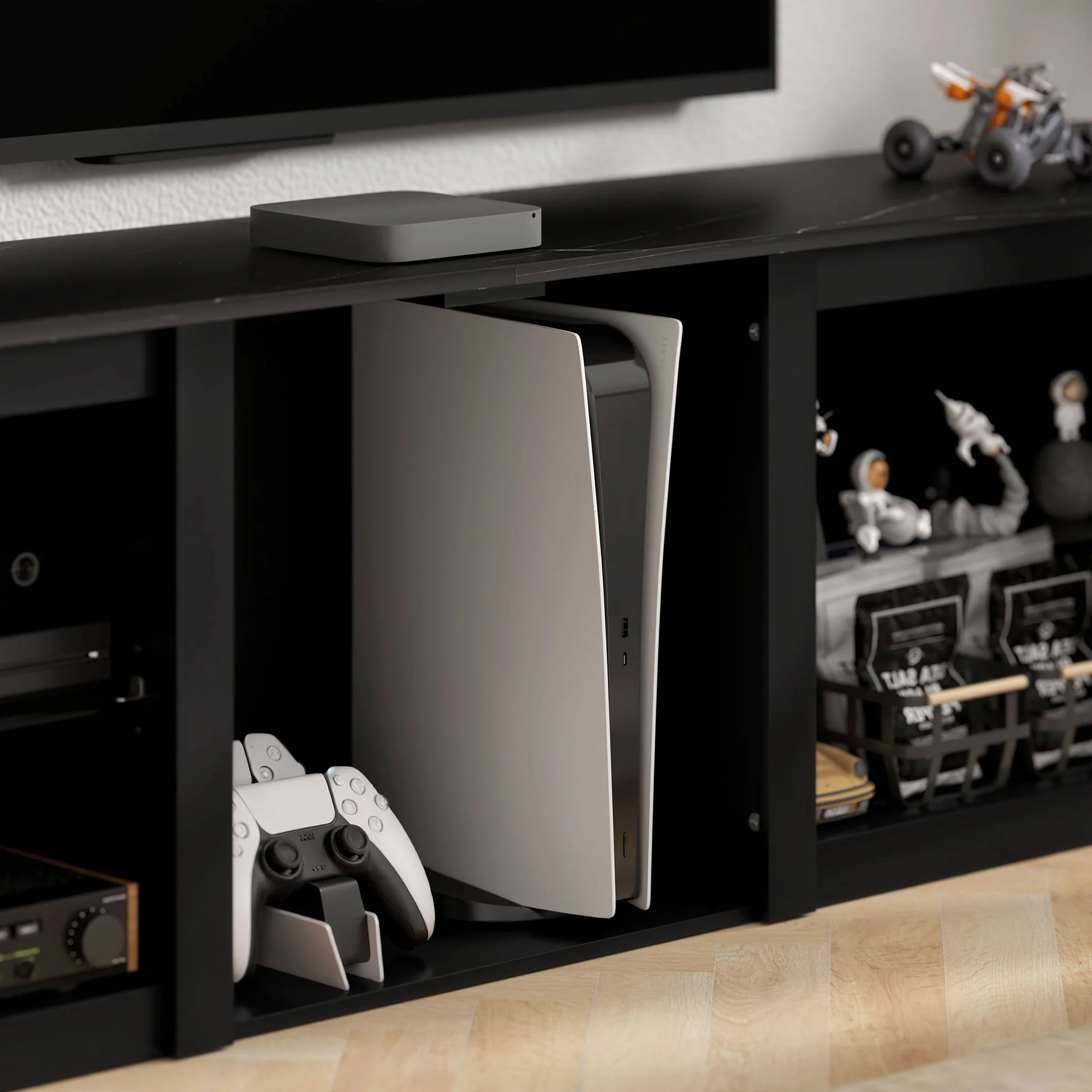 Meuble TV LED RGB meuble télé bois banc TV jusqu'à 65 pouces avec étagères en verre réglables, 5 niches, passe-cables et télécommande pour salon, chambre à coucher, dim. 160 x 35 x 53 cm, noir - Image 10