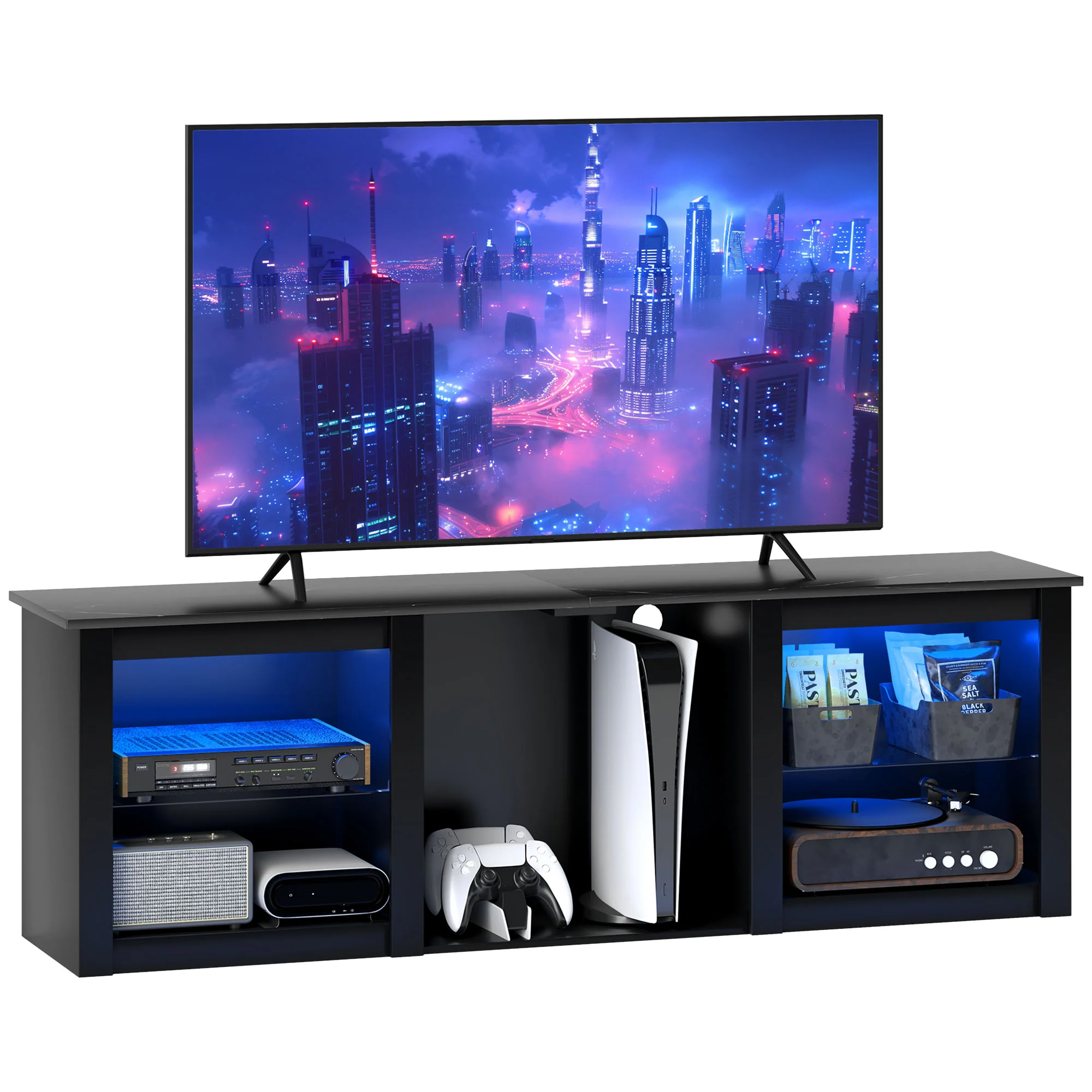 Meuble TV LED RGB meuble télé bois banc TV jusqu'à 65 pouces avec étagères en verre réglables, 5 niches, passe-cables et télécommande pour salon, chambre à coucher, dim. 160 x 35 x 53 cm, noir - Image 11