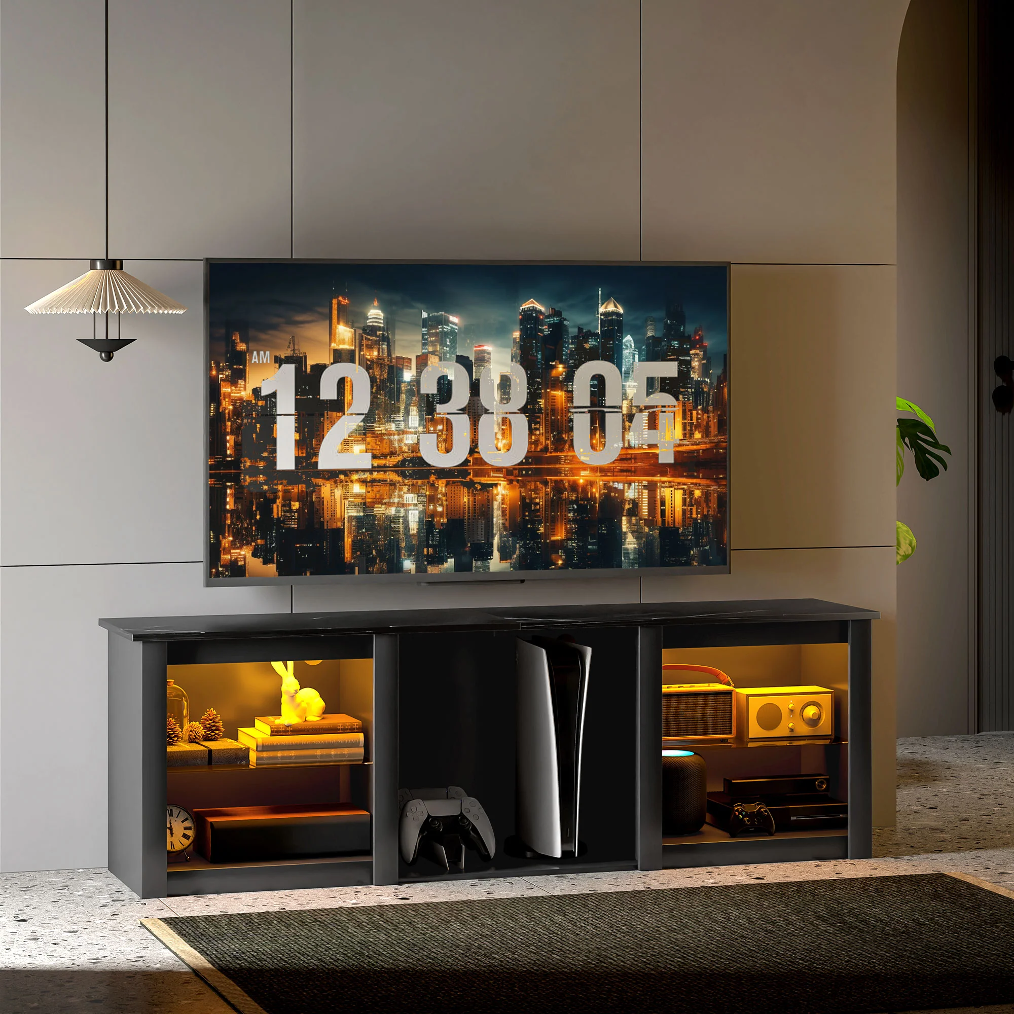 Meuble TV LED RGB meuble télé bois banc TV jusqu'à 65 pouces avec étagères en verre réglables, 5 niches, passe-cables et télécommande pour salon, chambre à coucher, dim. 160 x 35 x 53 cm, noir - Image 3