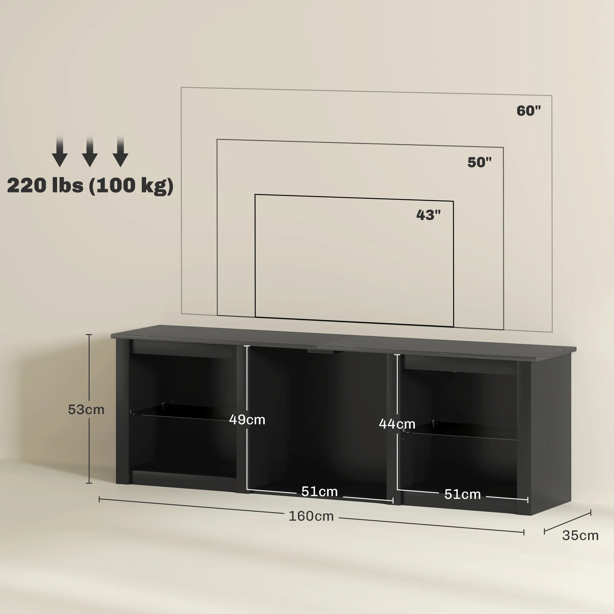 Meuble TV LED RGB meuble télé bois banc TV jusqu'à 65 pouces avec étagères en verre réglables, 5 niches, passe-cables et télécommande pour salon, chambre à coucher, dim. 160 x 35 x 53 cm, noir - Image 4