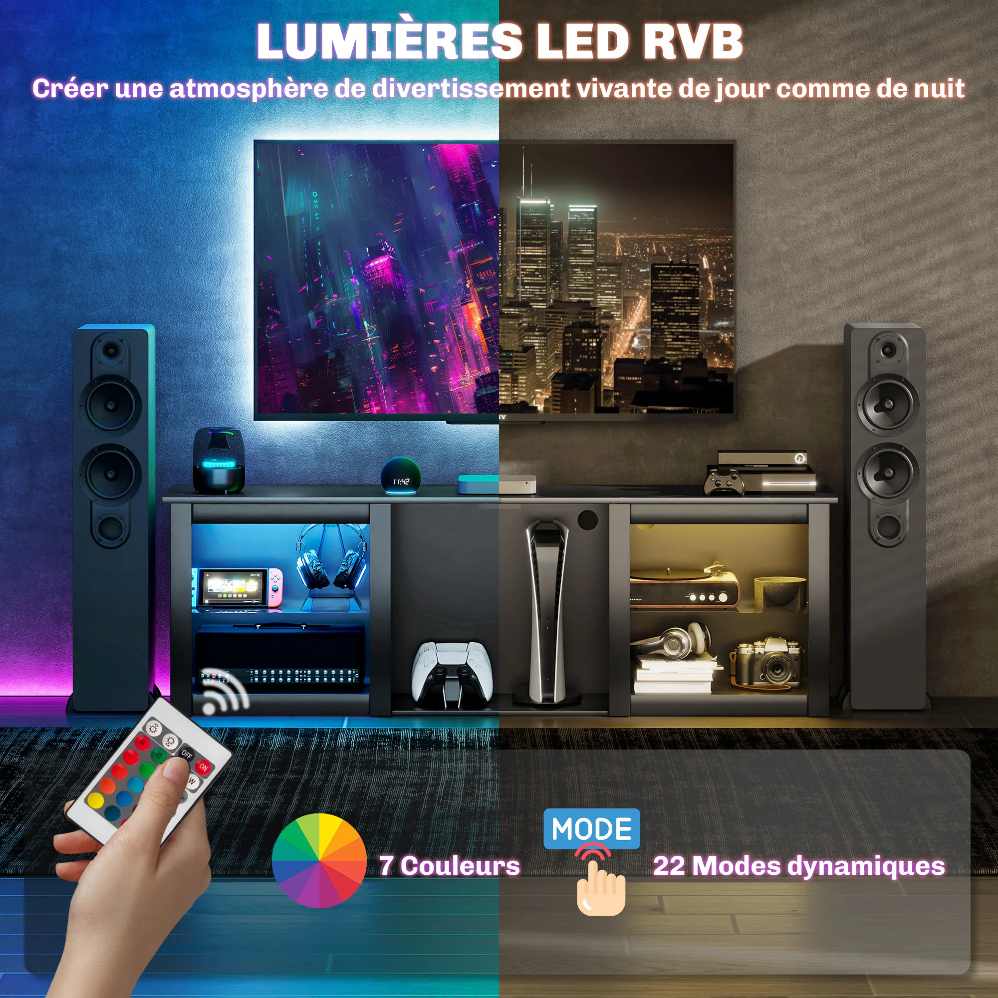 Meuble TV LED RGB meuble télé bois banc TV jusqu'à 65 pouces avec étagères en verre réglables, 5 niches, passe-cables et télécommande pour salon, chambre à coucher, dim. 160 x 35 x 53 cm, noir - Image 5