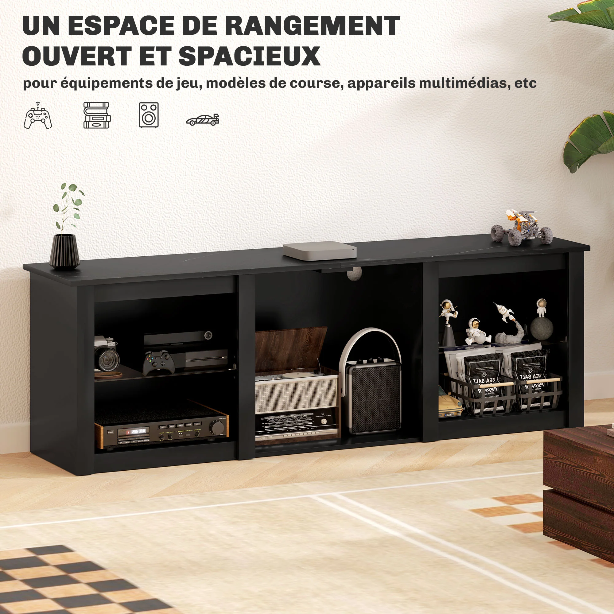 Meuble TV LED RGB meuble télé bois banc TV jusqu'à 65 pouces avec étagères en verre réglables, 5 niches, passe-cables et télécommande pour salon, chambre à coucher, dim. 160 x 35 x 53 cm, noir - Image 6