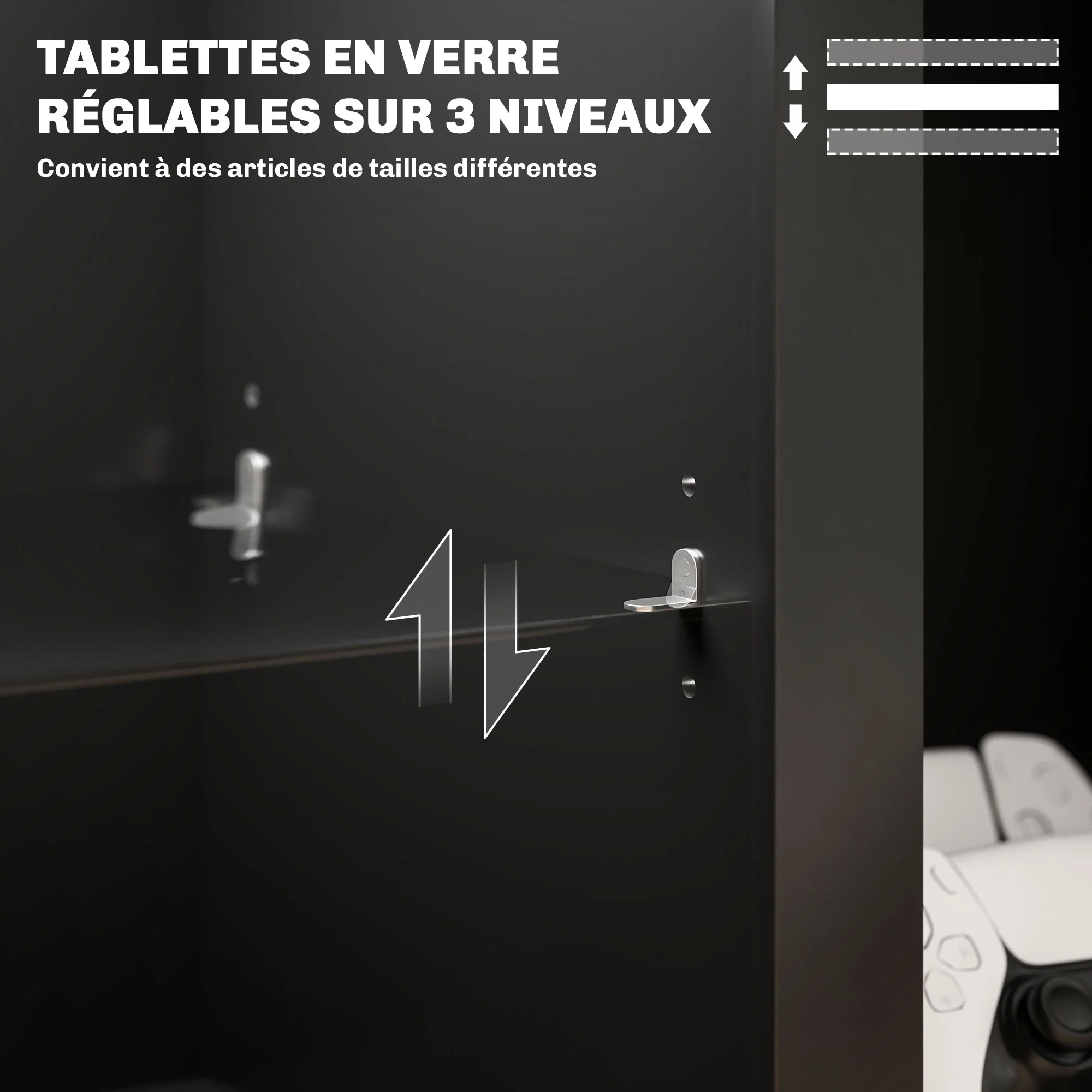 Meuble TV LED RGB meuble télé bois banc TV jusqu'à 65 pouces avec étagères en verre réglables, 5 niches, passe-cables et télécommande pour salon, chambre à coucher, dim. 160 x 35 x 53 cm, noir - Image 7