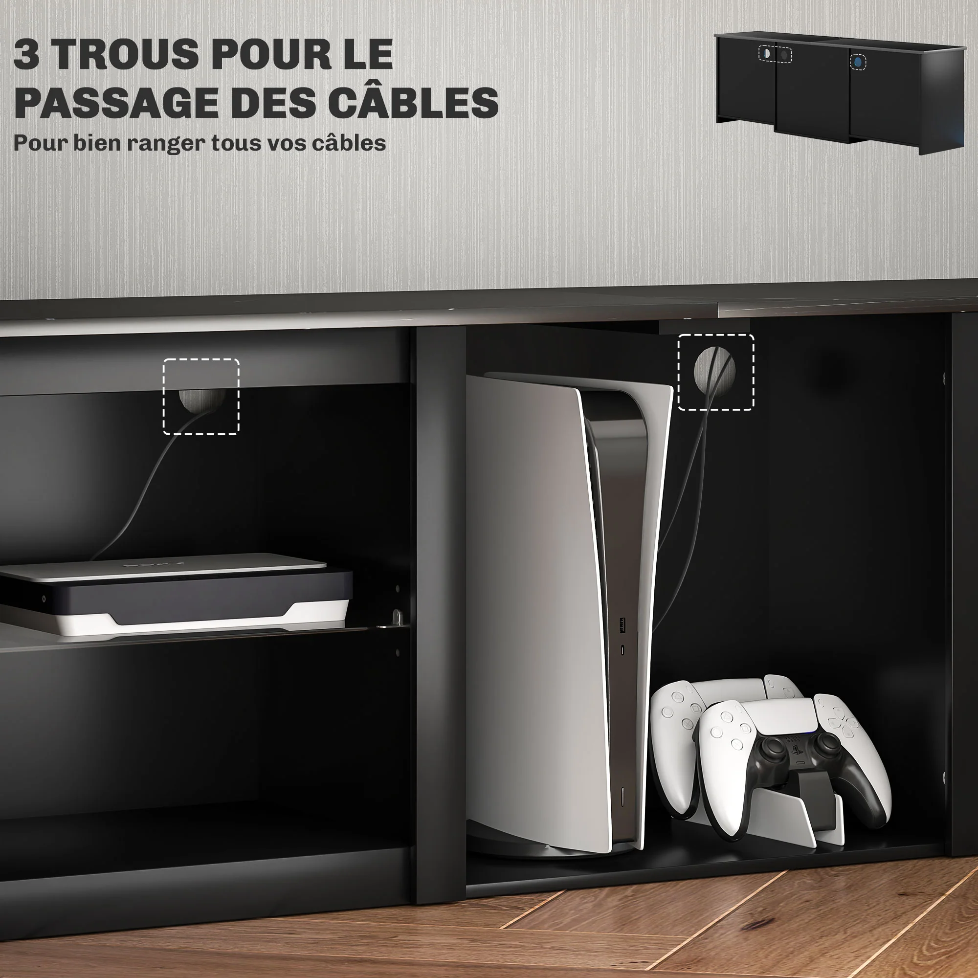 Meuble TV LED RGB meuble télé bois banc TV jusqu'à 65 pouces avec étagères en verre réglables, 5 niches, passe-cables et télécommande pour salon, chambre à coucher, dim. 160 x 35 x 53 cm, noir - Image 8