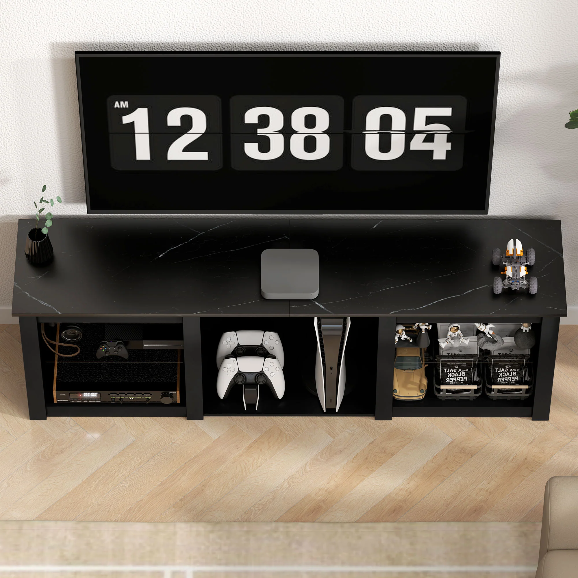 Meuble TV LED RGB meuble télé bois banc TV jusqu'à 65 pouces avec étagères en verre réglables, 5 niches, passe-cables et télécommande pour salon, chambre à coucher, dim. 160 x 35 x 53 cm, noir - Image 9