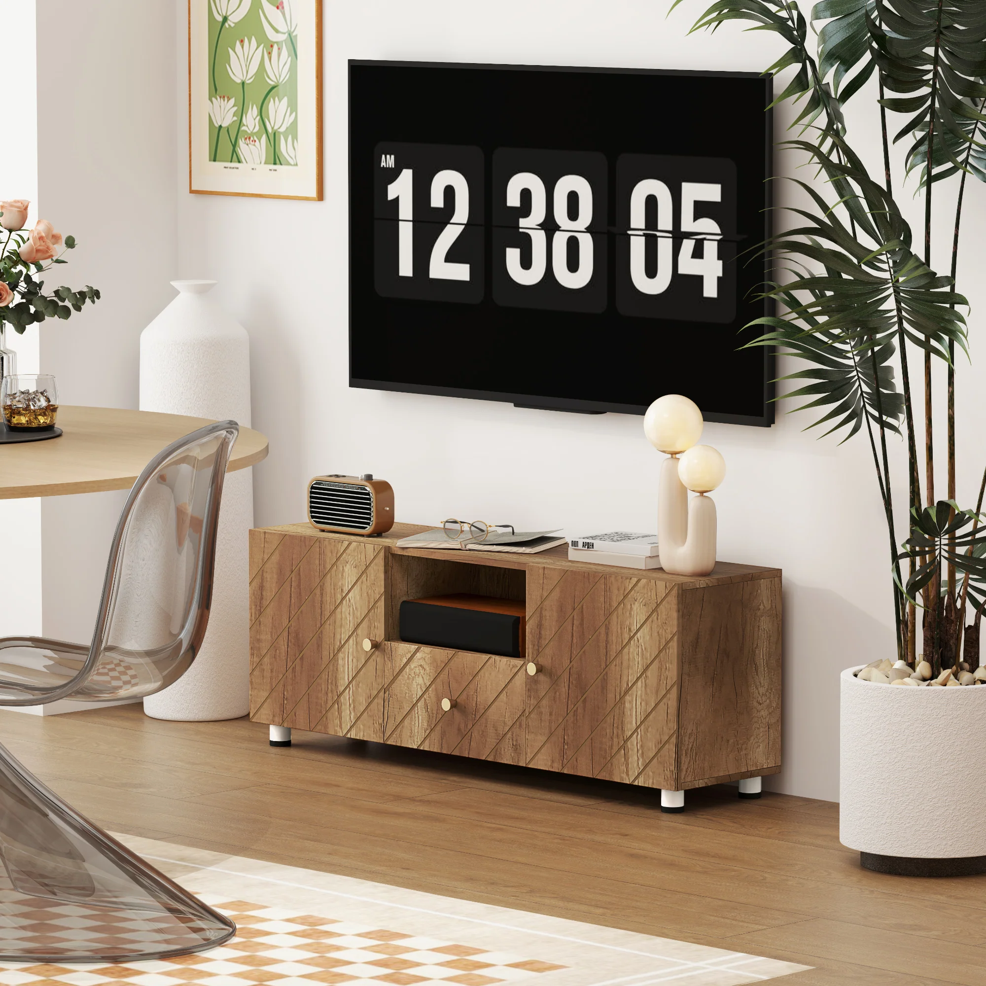 Meuble TV meuble télé bois banc TV pour téléviseur jusqu'à 50 pouces avec 2 placards et compartiment ouvert et tiroir pour salon chambre à coucher, 120 x 30 x 45 cm, bois naturel - Image 10