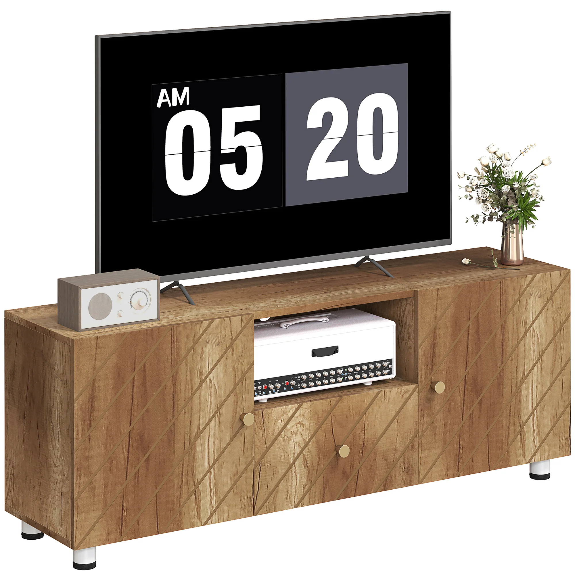 Meuble TV meuble télé bois banc TV pour téléviseur jusqu'à 50 pouces avec 2 placards et compartiment ouvert et tiroir pour salon chambre à coucher, 120 x 30 x 45 cm, bois naturel - Image 11