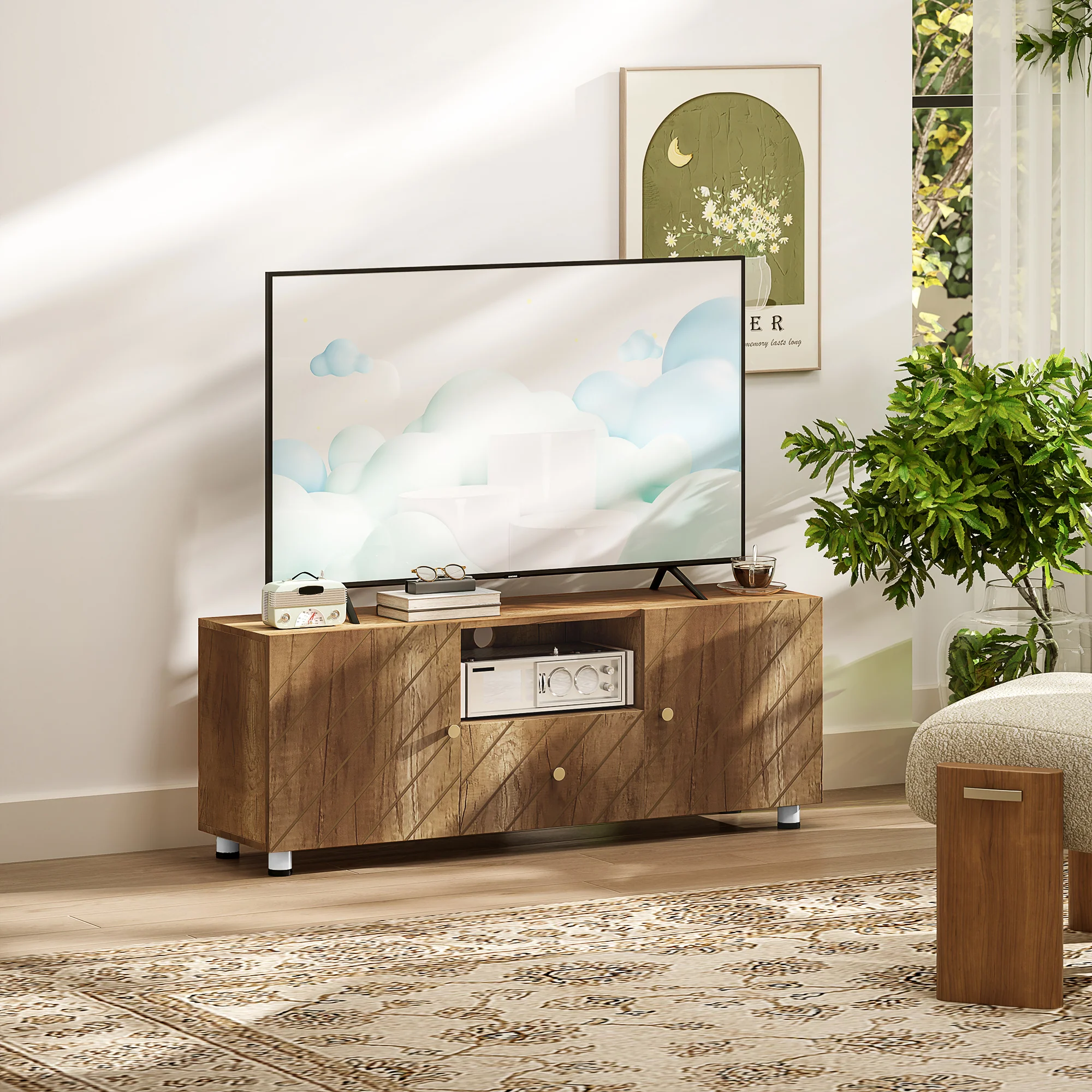 Meuble TV meuble télé bois banc TV pour téléviseur jusqu'à 50 pouces avec 2 placards et compartiment ouvert et tiroir pour salon chambre à coucher, 120 x 30 x 45 cm, bois naturel - Image 3