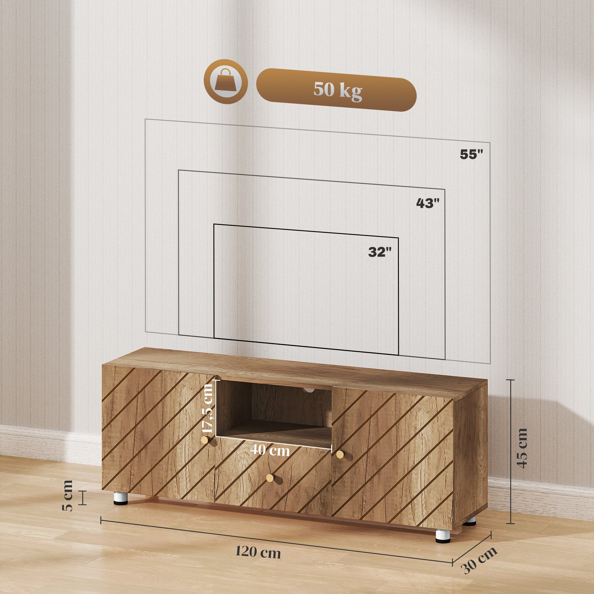 Meuble TV meuble télé bois banc TV pour téléviseur jusqu'à 50 pouces avec 2 placards et compartiment ouvert et tiroir pour salon chambre à coucher, 120 x 30 x 45 cm, bois naturel - Image 4