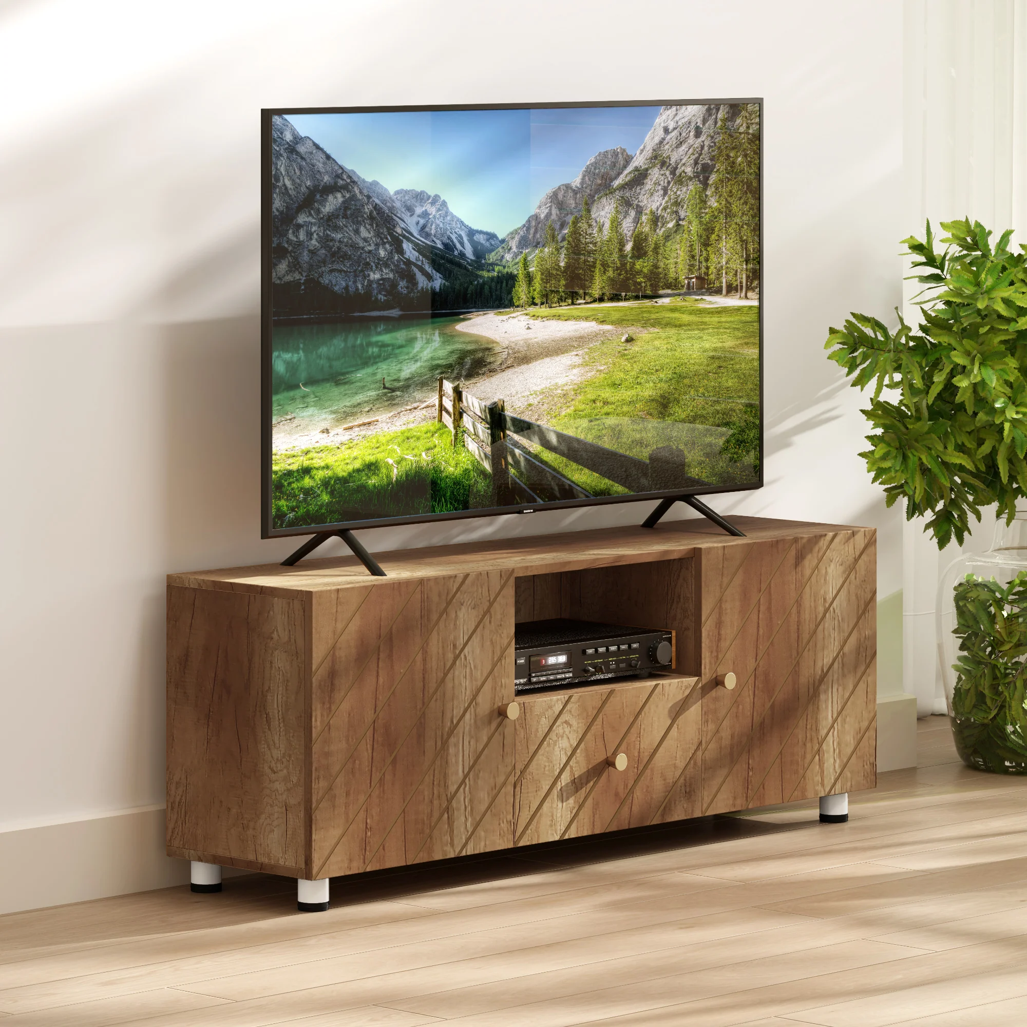 Meuble TV meuble télé bois banc TV pour téléviseur jusqu'à 50 pouces avec 2 placards et compartiment ouvert et tiroir pour salon chambre à coucher, 120 x 30 x 45 cm, bois naturel - Image 9