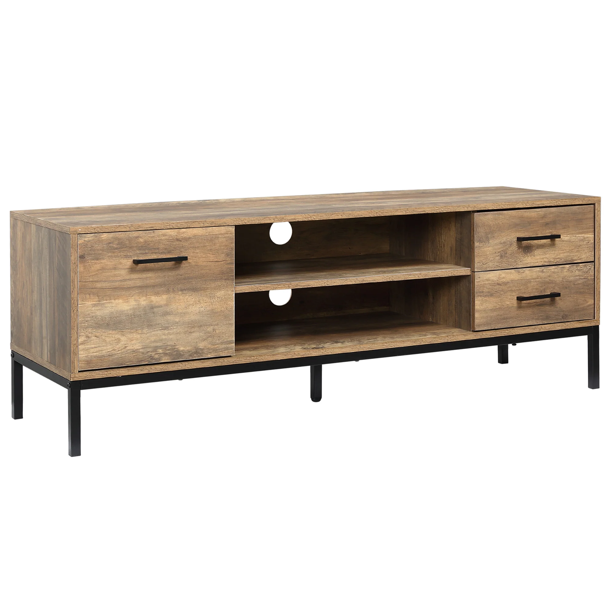 Meuble TV meuble télé bois banc TV pour téléviseur jusqu'à 50 pouces avec placard 2 tiroirs 2 niches 2 passe-câbles pour salon salle à manger chambre à coucher, 132 x 39 x 45,5 cm marron noir - Image 11