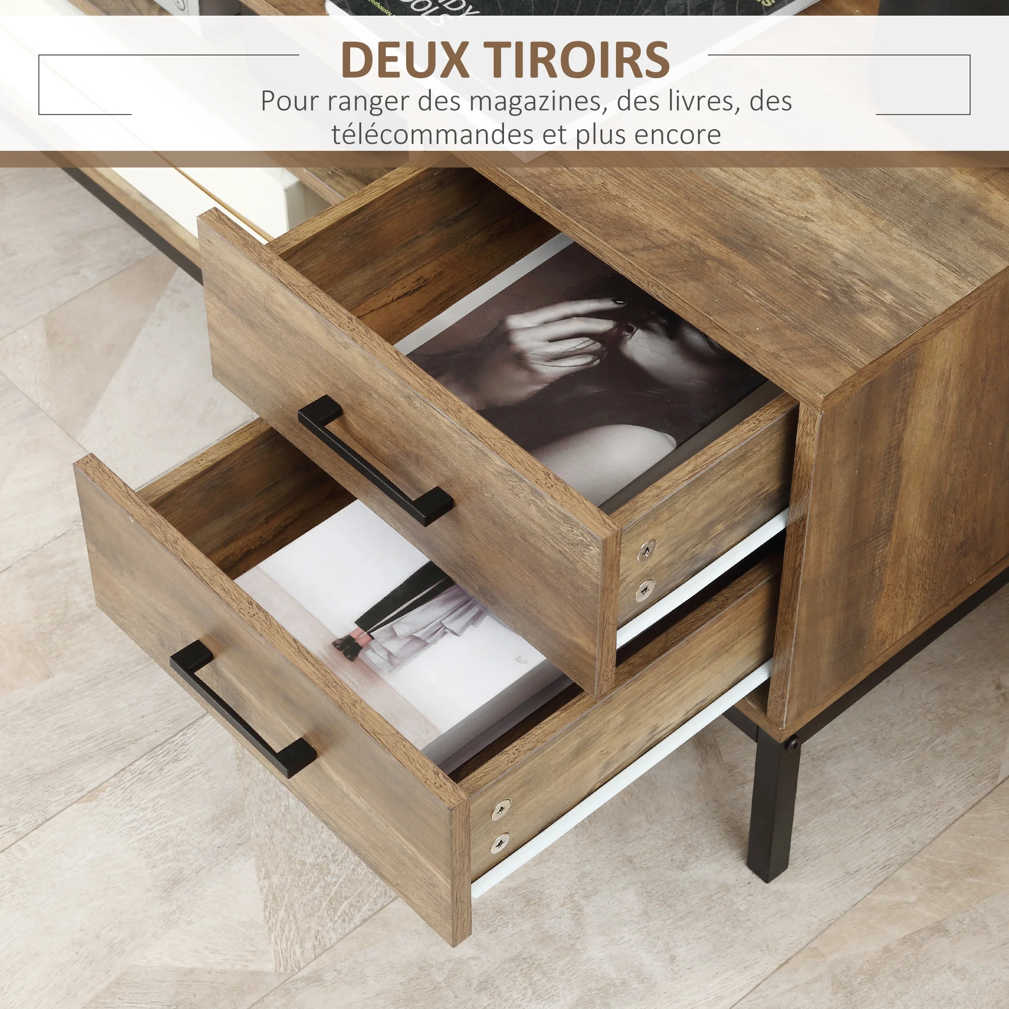 Meuble TV meuble télé bois banc TV pour téléviseur jusqu'à 50 pouces avec placard 2 tiroirs 2 niches 2 passe-câbles pour salon salle à manger chambre à coucher, 132 x 39 x 45,5 cm marron noir - Image 5