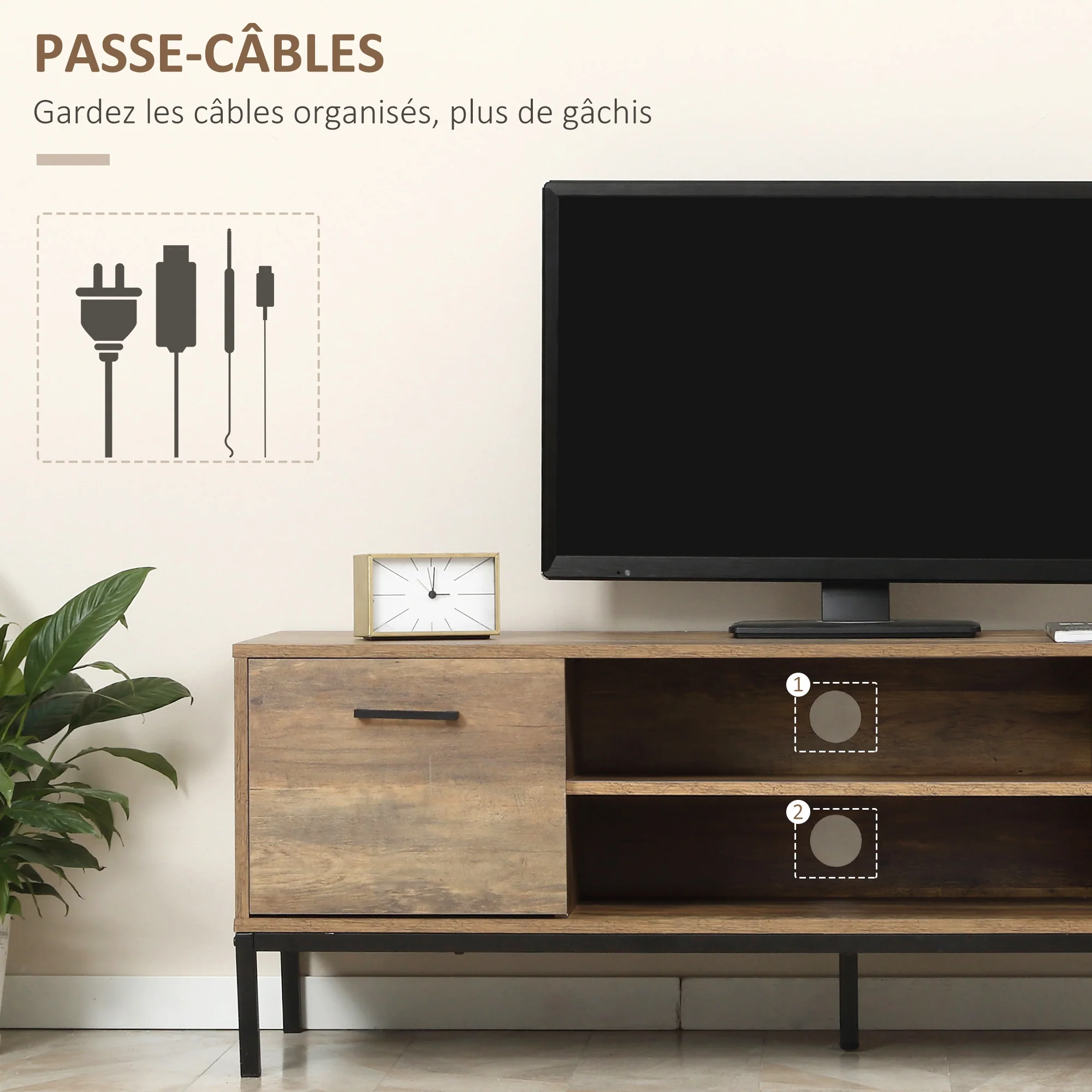 Meuble TV meuble télé bois banc TV pour téléviseur jusqu'à 50 pouces avec placard 2 tiroirs 2 niches 2 passe-câbles pour salon salle à manger chambre à coucher, 132 x 39 x 45,5 cm marron noir - Image 6