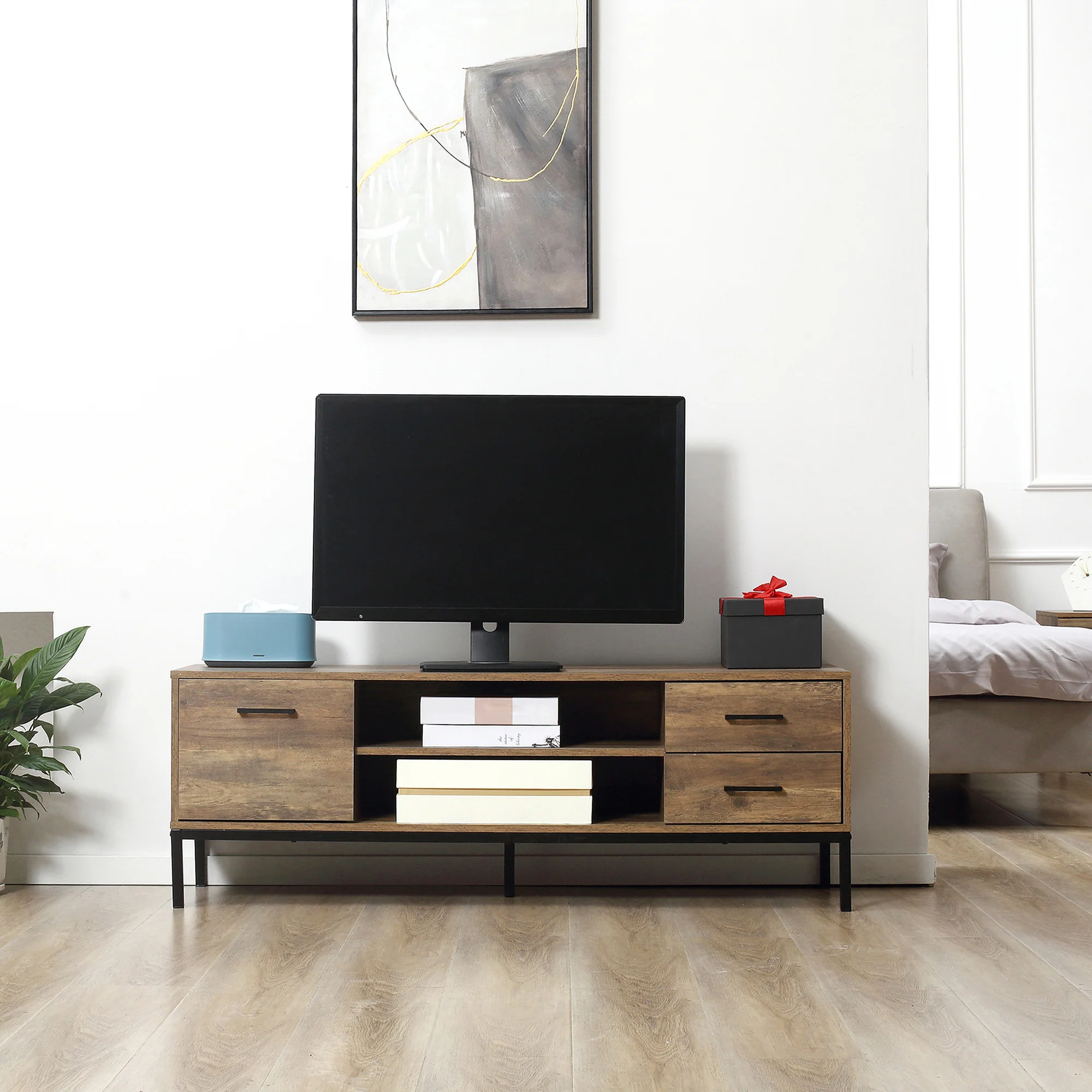 Meuble TV meuble télé bois banc TV pour téléviseur jusqu'à 50 pouces avec placard 2 tiroirs 2 niches 2 passe-câbles pour salon salle à manger chambre à coucher, 132 x 39 x 45,5 cm marron noir - Image 8