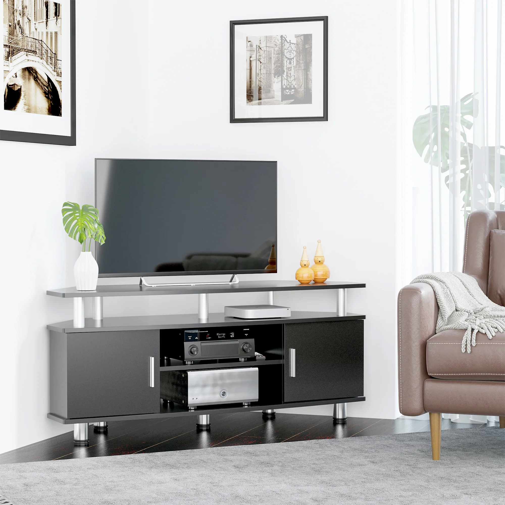 Meuble TV meuble télé bois banc TV pour téléviseur jusqu'à 55 pouces avec grand plateau, placards à portes et compartiment ouvert pour salon chambre à coucher, 120 x 40 x 52 cm, noir - Image 5