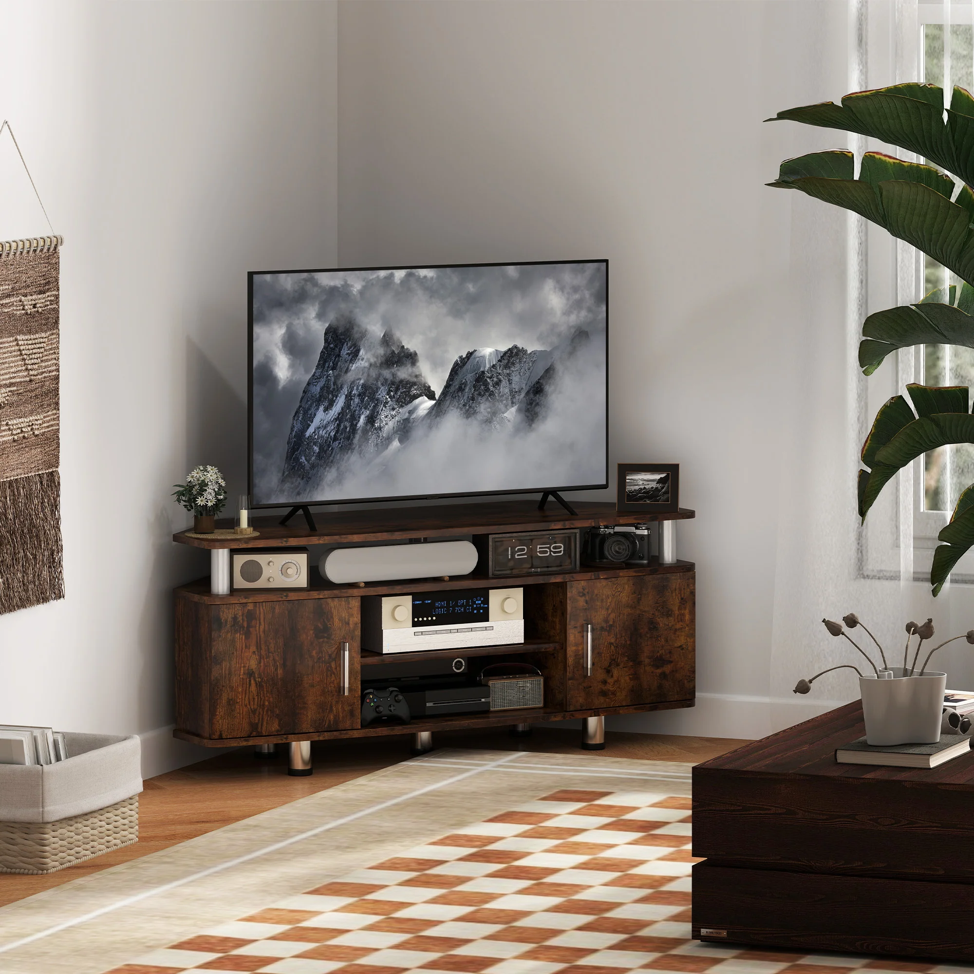 Meuble TV meuble télé bois banc TV pour téléviseur jusqu'à 55 pouces avec grand plateau, placards à portes et compartiment ouvert pour salon chambre à coucher, 120 x 40 x 52 cm, marron - Image 3