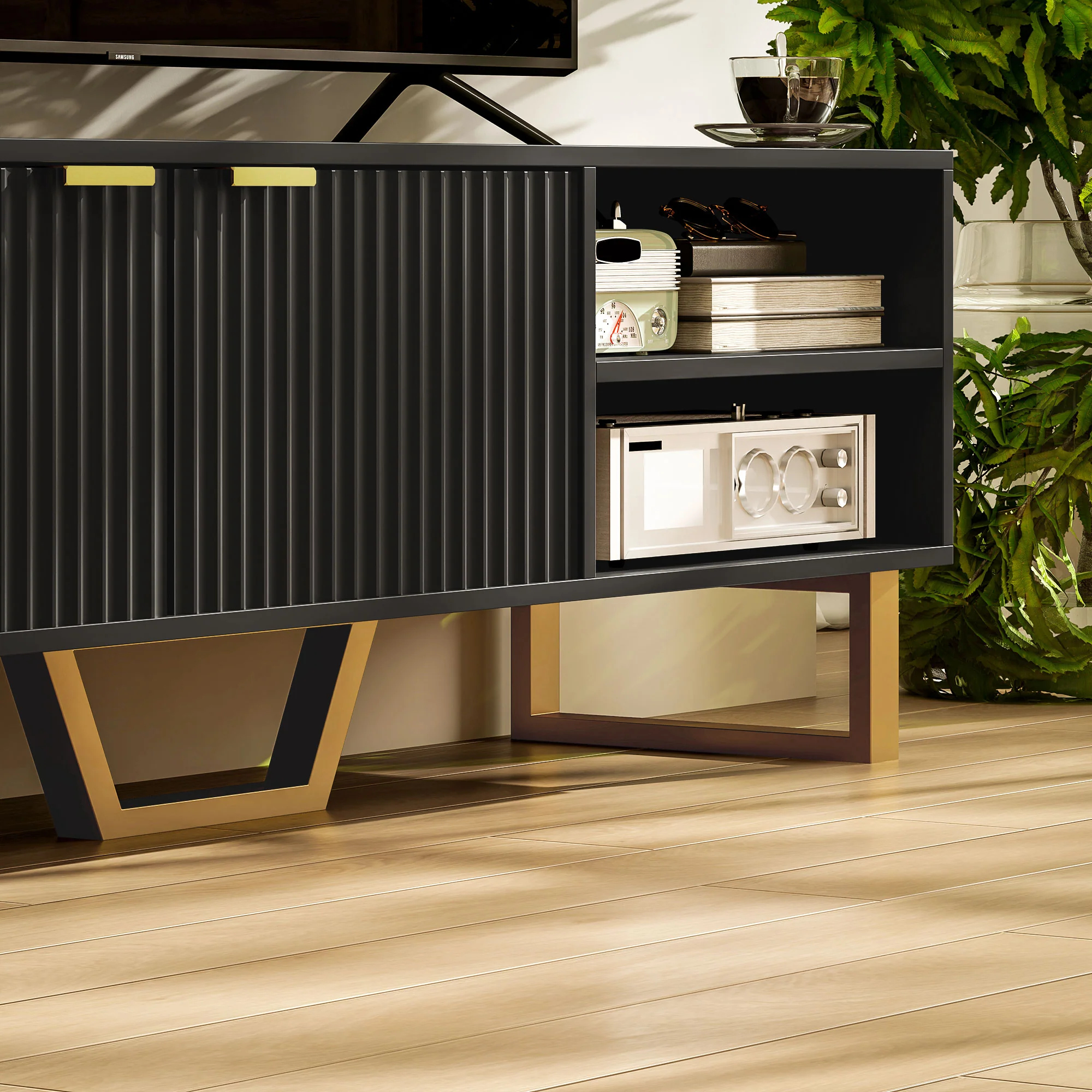 Meuble TV meuble télé bois banc TV pour téléviseur jusqu'à 70 pouces avec placard à 2 portes cannelées, compartiment ouvert et passe-cables, pour salon chambre à coucher, 140 x 39 x 47 cm, noir - Image 10