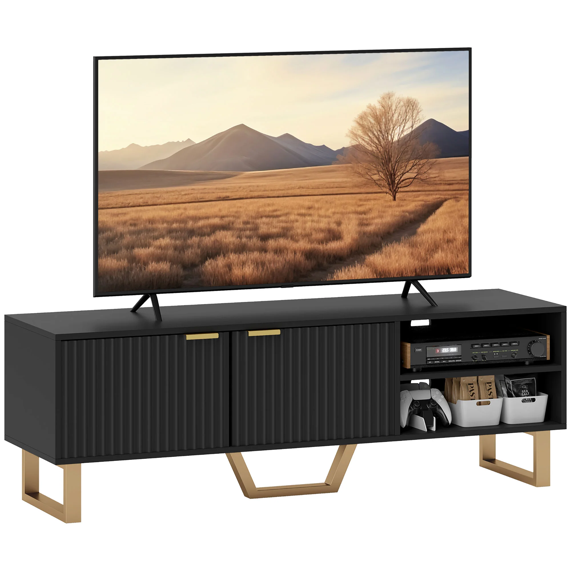 Meuble TV meuble télé bois banc TV pour téléviseur jusqu'à 70 pouces avec placard à 2 portes cannelées, compartiment ouvert et passe-cables, pour salon chambre à coucher, 140 x 39 x 47 cm, noir - Image 11