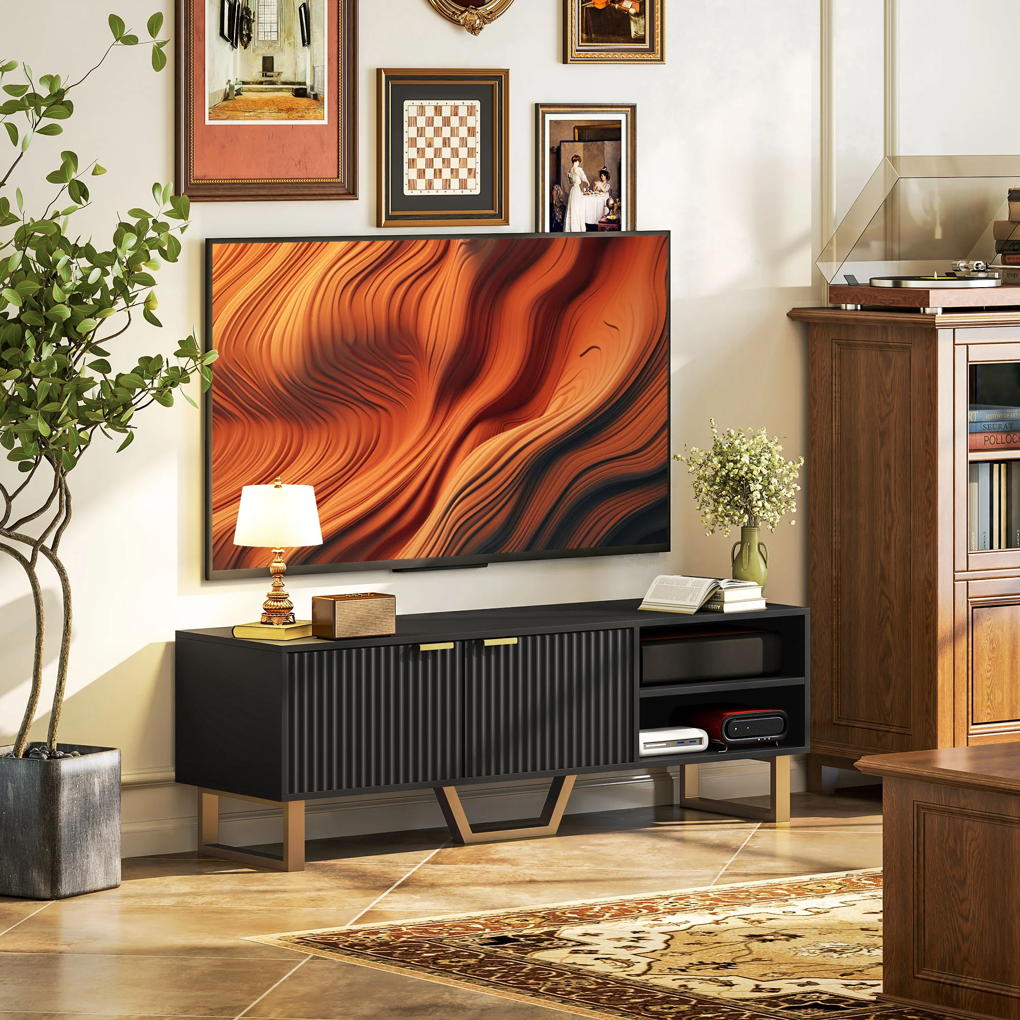 Meuble TV meuble télé bois banc TV pour téléviseur jusqu'à 70 pouces avec placard à 2 portes cannelées, compartiment ouvert et passe-cables, pour salon chambre à coucher, 140 x 39 x 47 cm, noir - Image 3